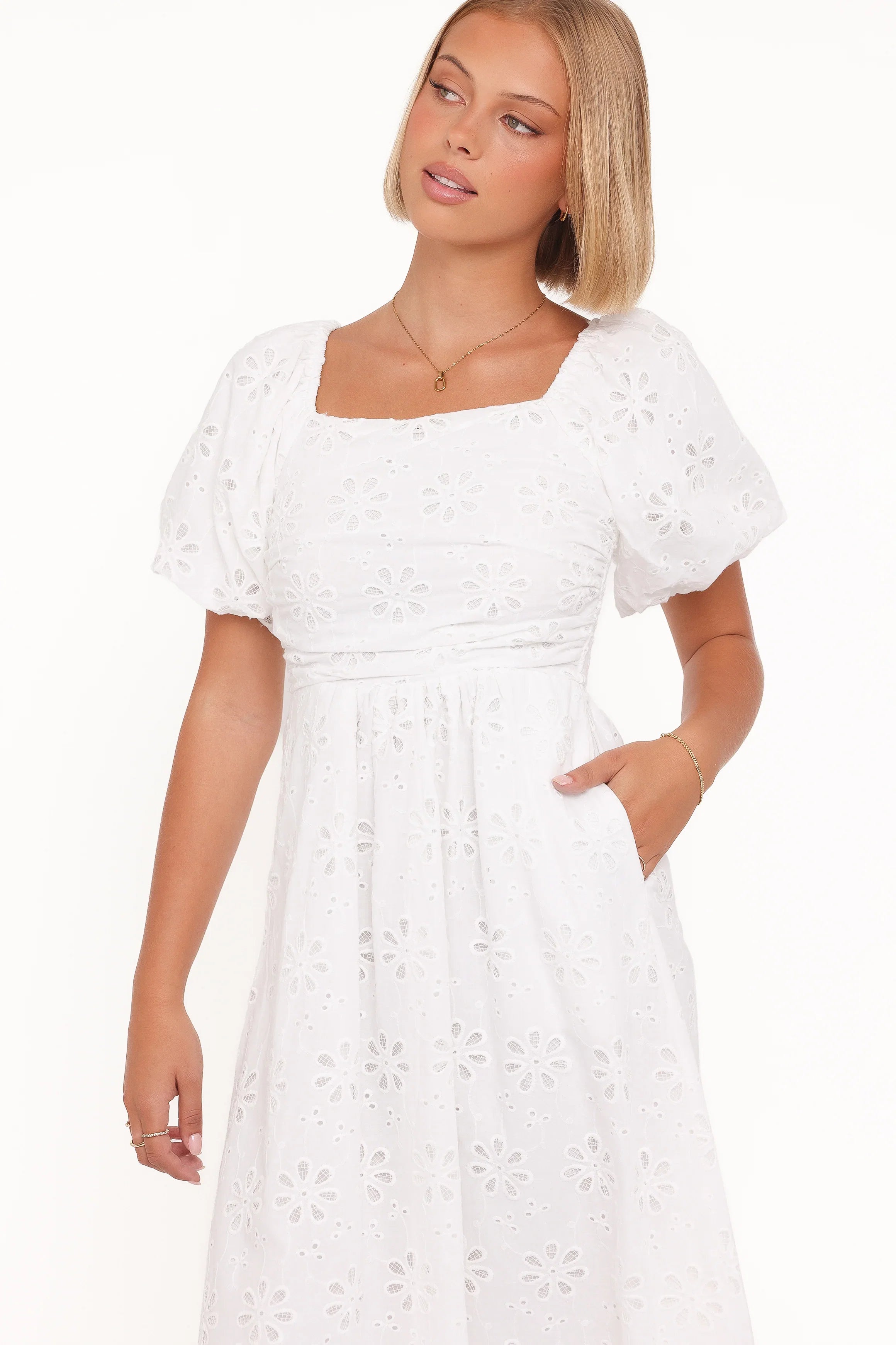 Clo Puff Sleeve Midi Dress White Broderie