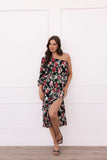 Pontee One Shoulder Pleated Midi Dress Black Rose Print