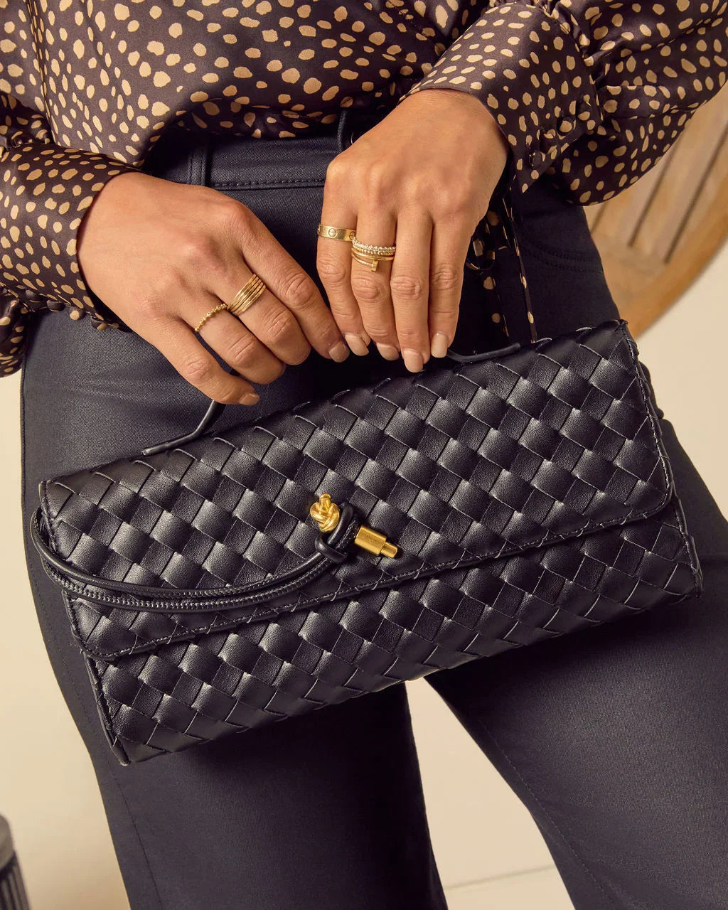 Porta Woven Leather Top Handle Clutch