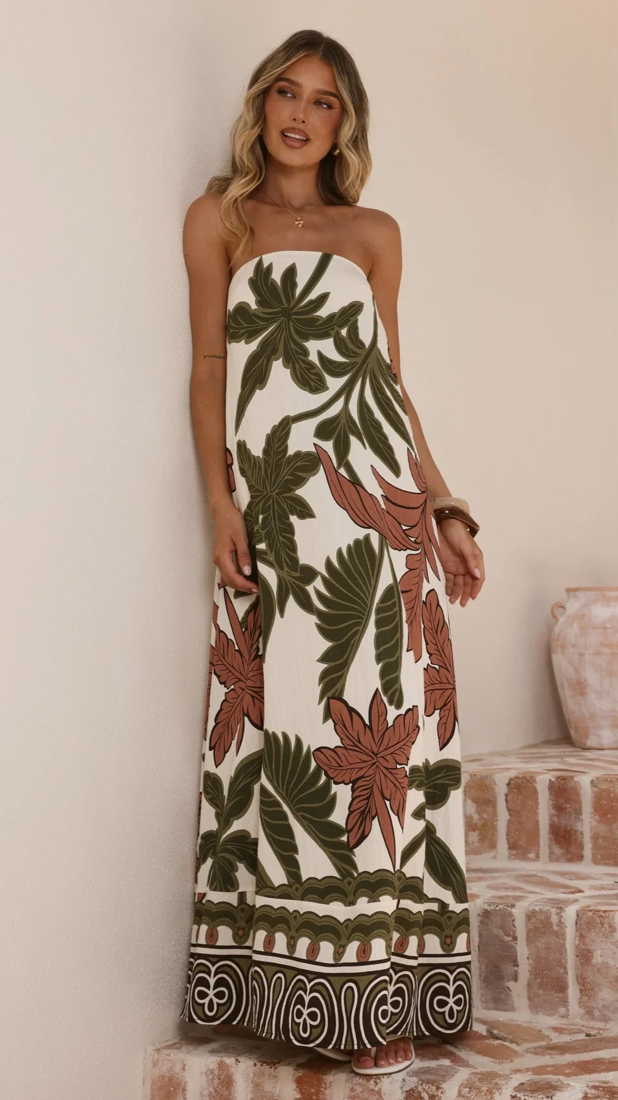 Connie Maxi Dress Green Beige Palm
