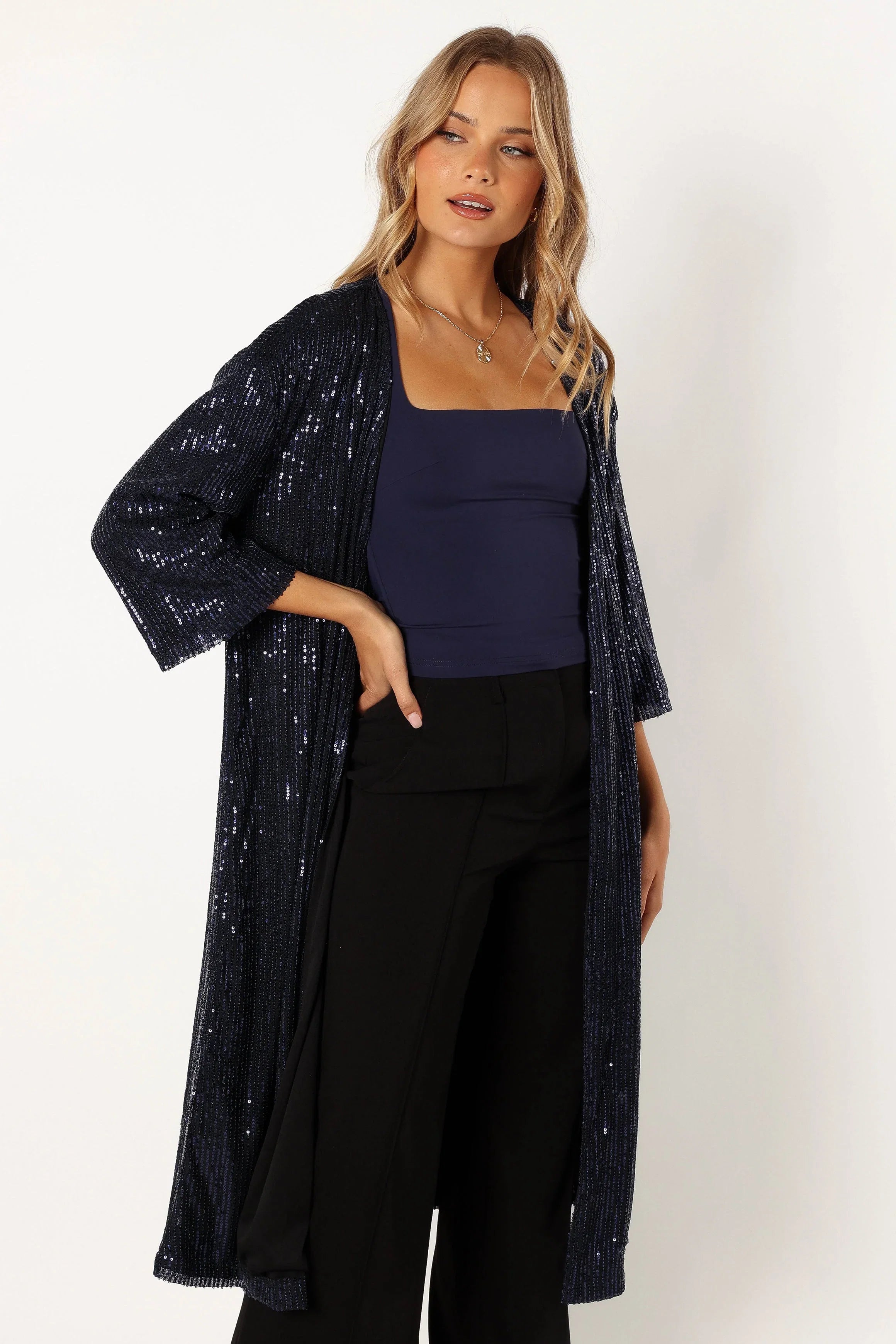 Karsyn Open Front Sequin Duster Navy