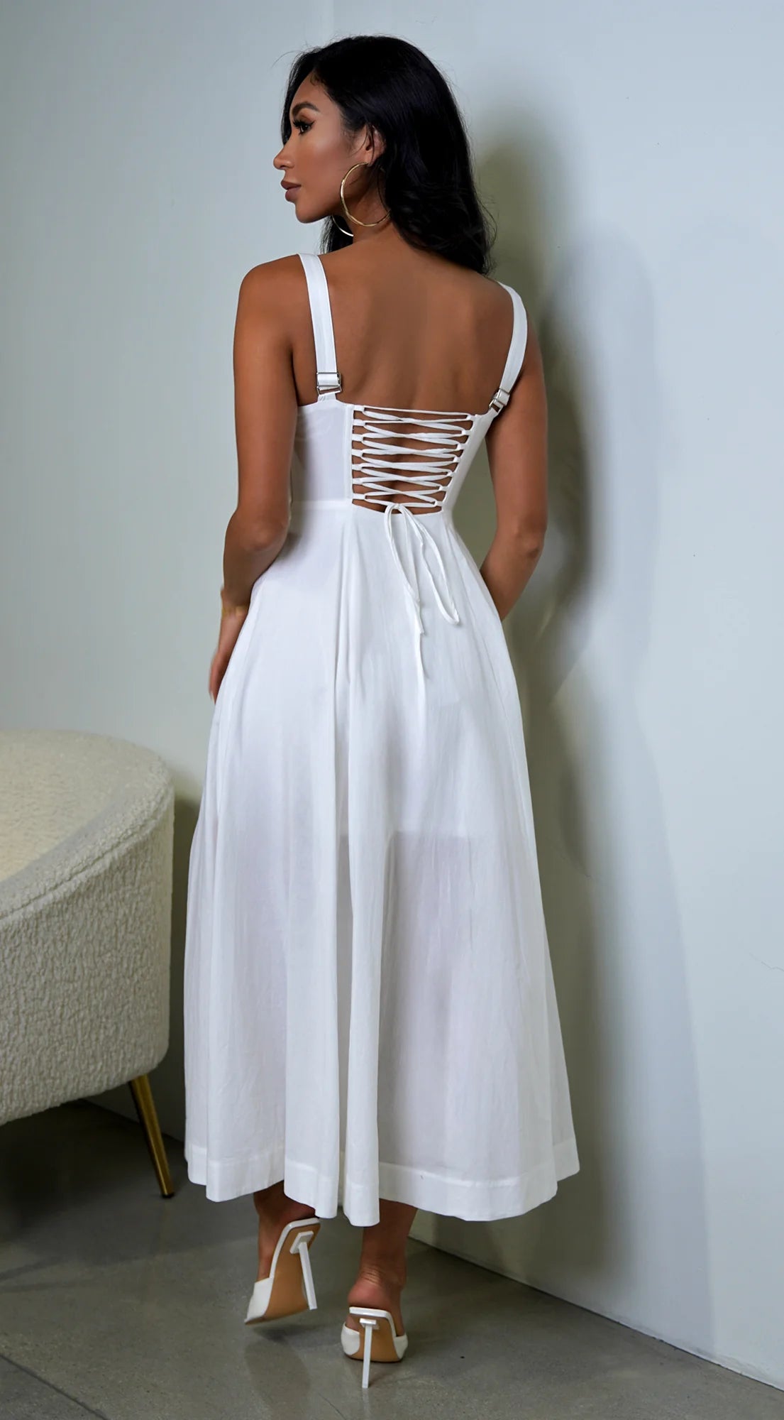 Noura Bustier Lace Up Midi Dress Off White