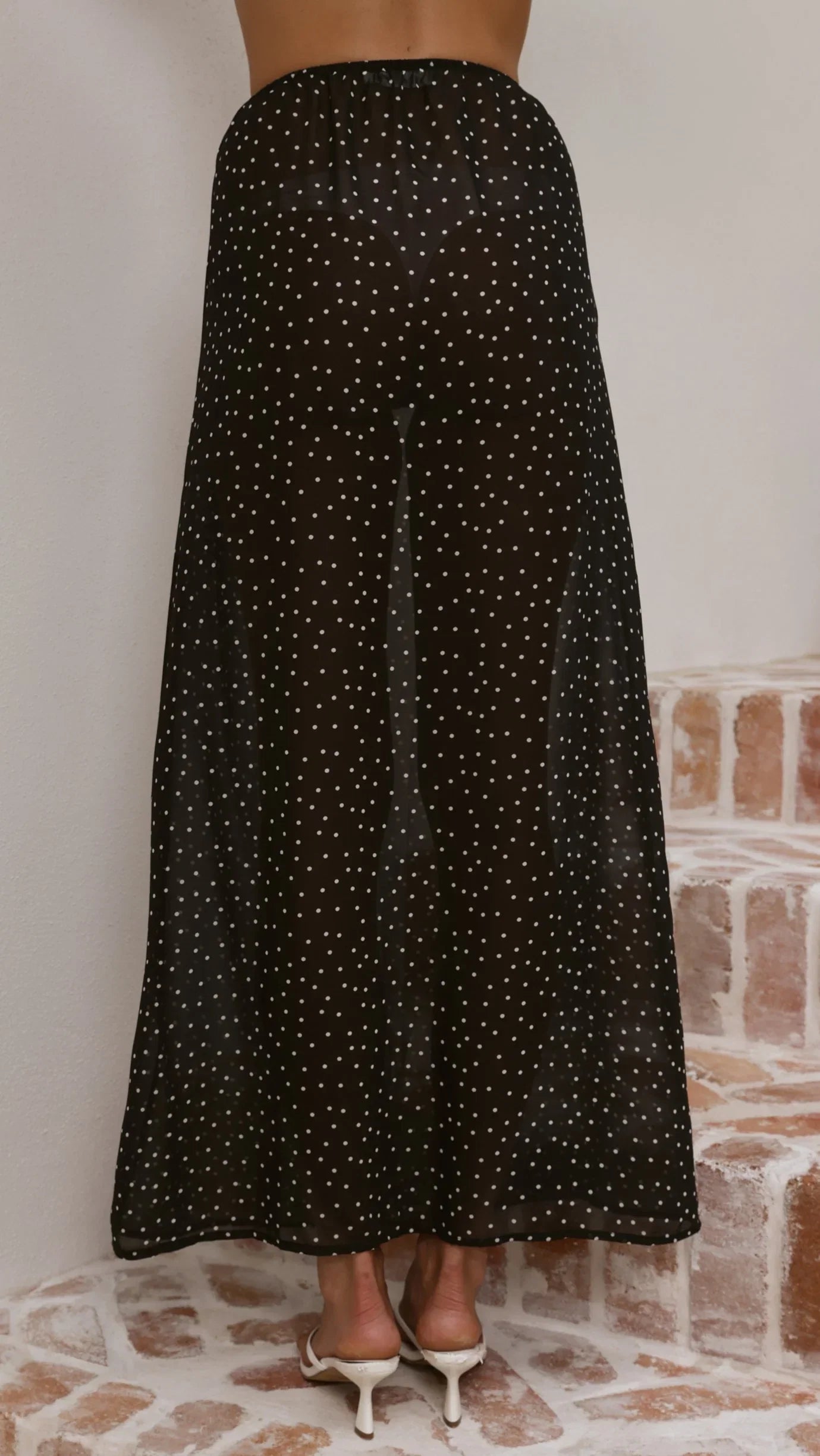 Elisha T Shirt and Sheer Maxi Skirt Set White Black Stripe and Polka Dot