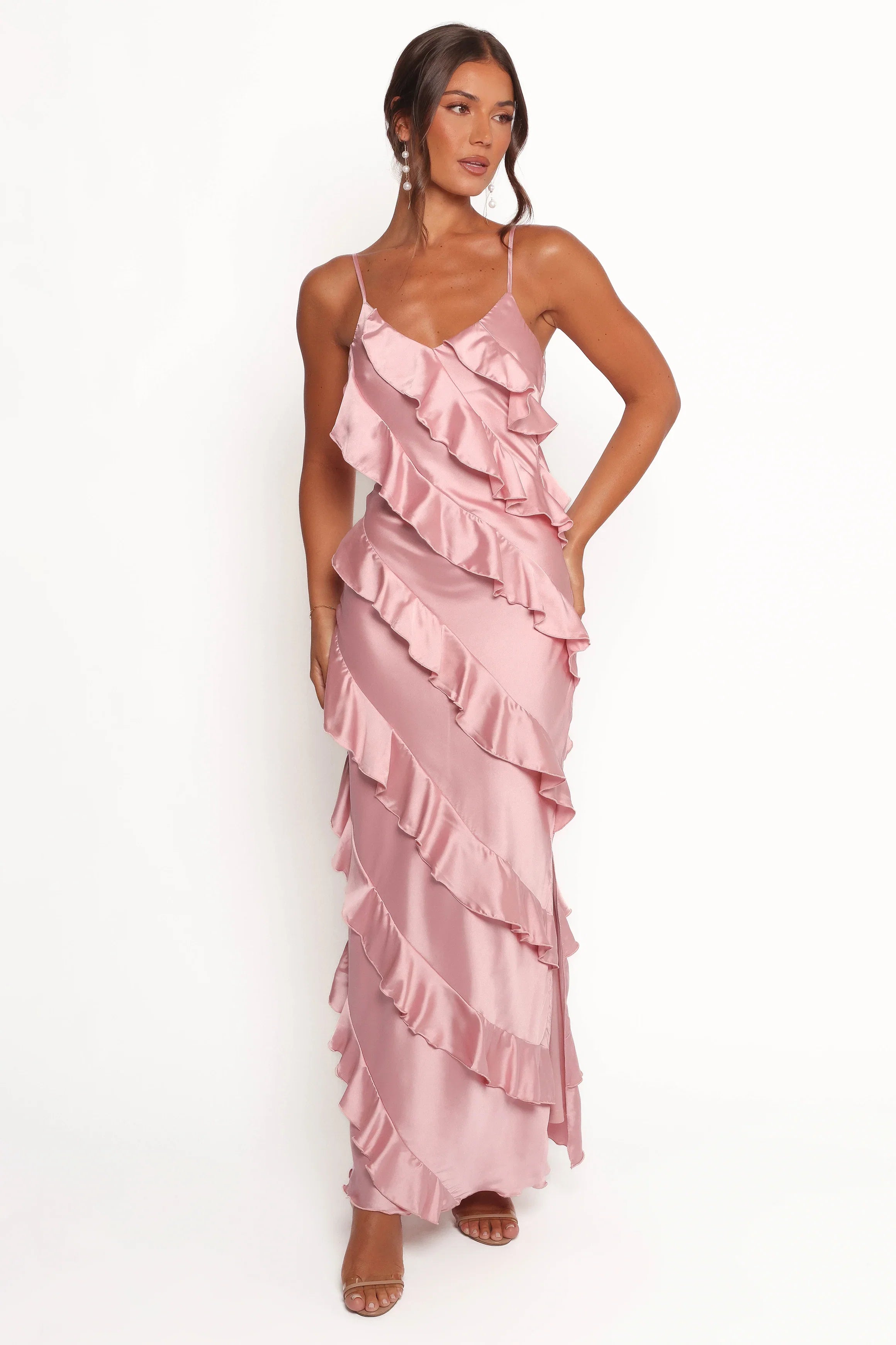 Ciao Ruffles Maxi Satin Dress Pink