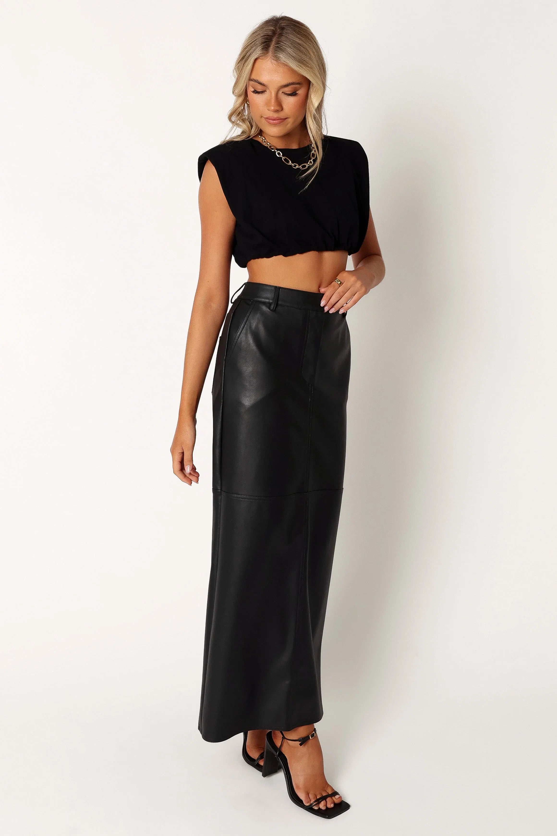Jade Vegan Leather Column Skirt Black