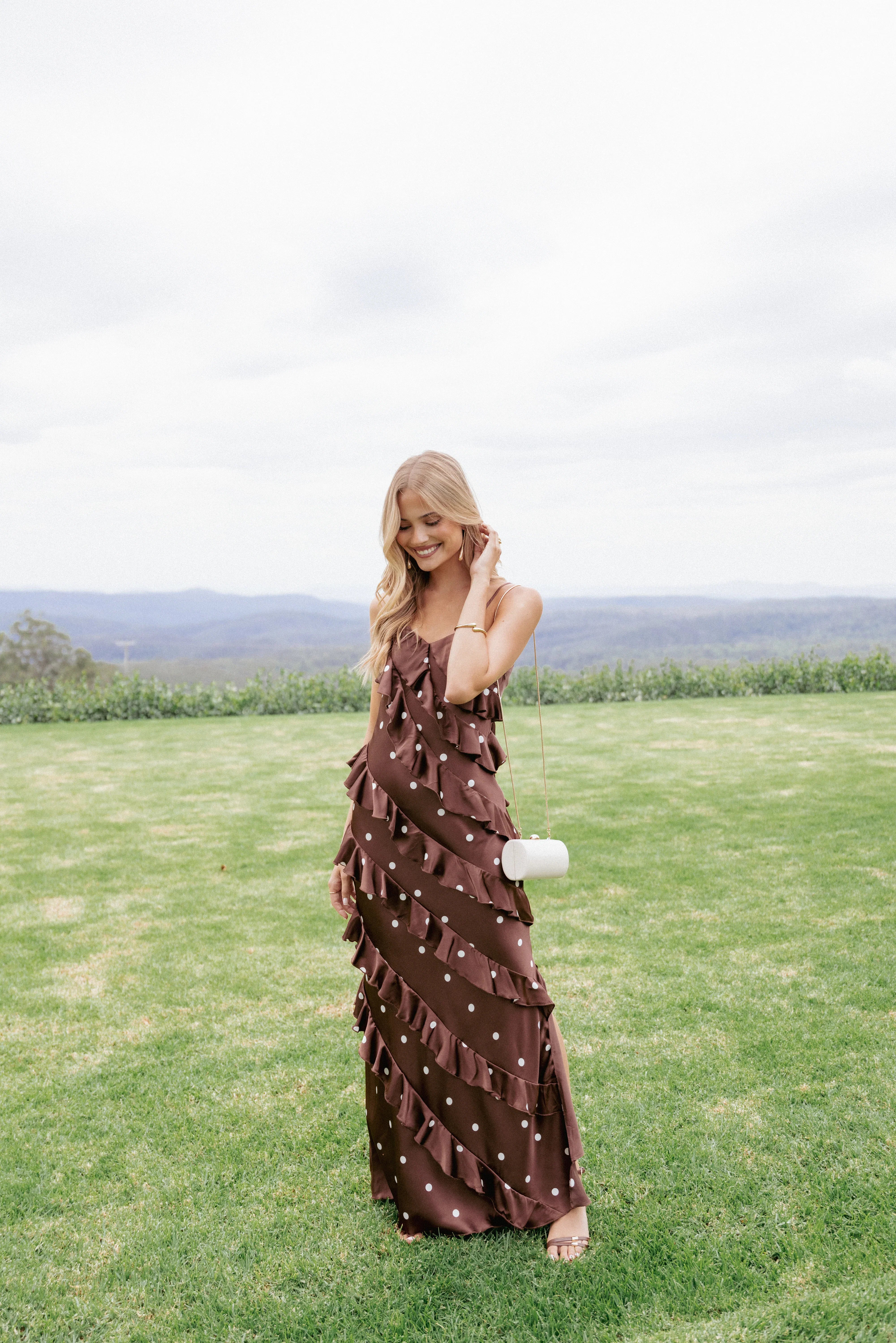 Ciao Ruffles Maxi Satin Dress Brown Polka Dot