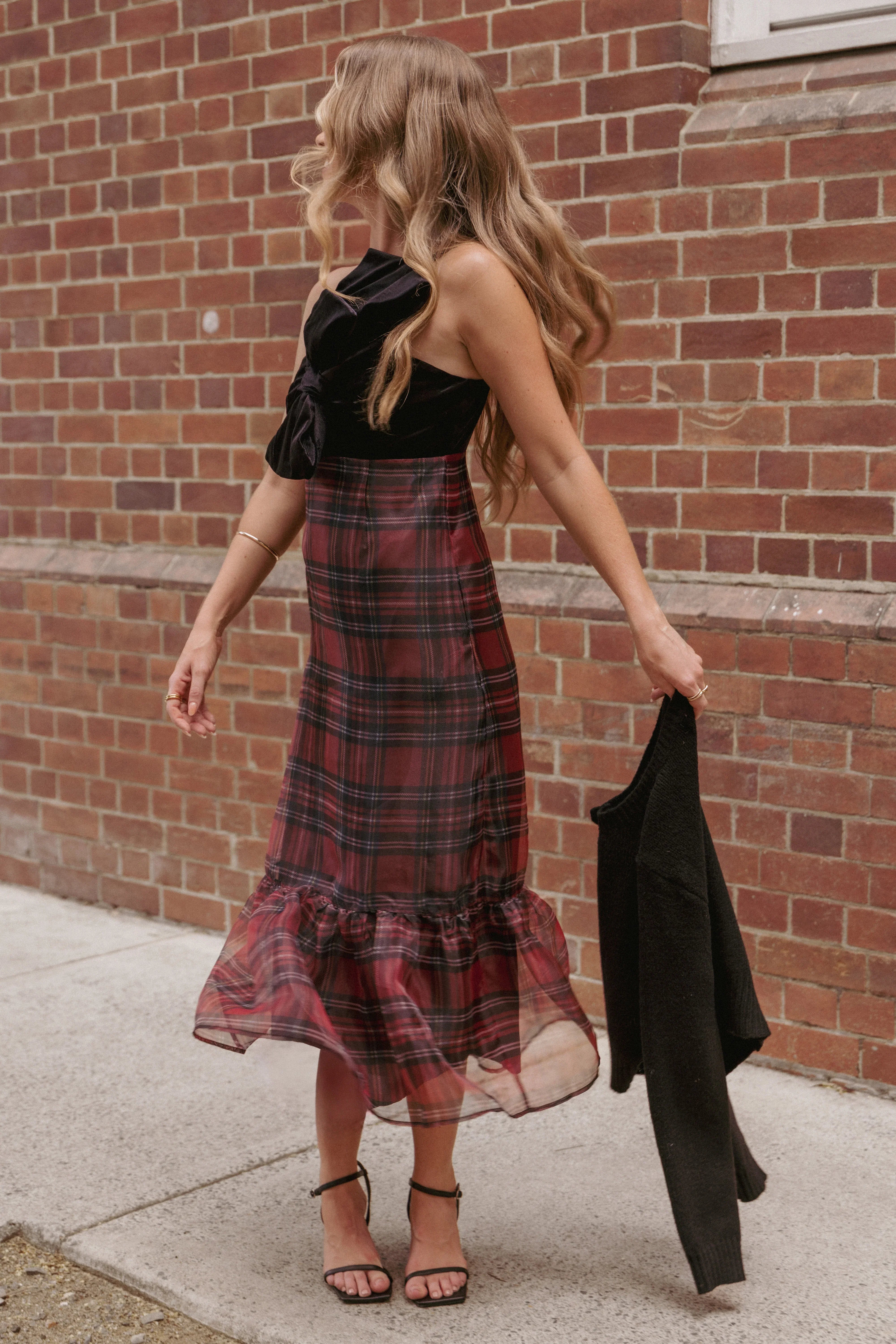 Amelie Bow Front One Shoulder Midi Dress Red Plaid
