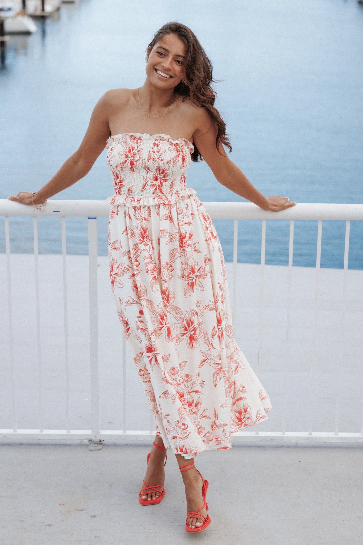 Avania Strapless Midi Dress Red Floral