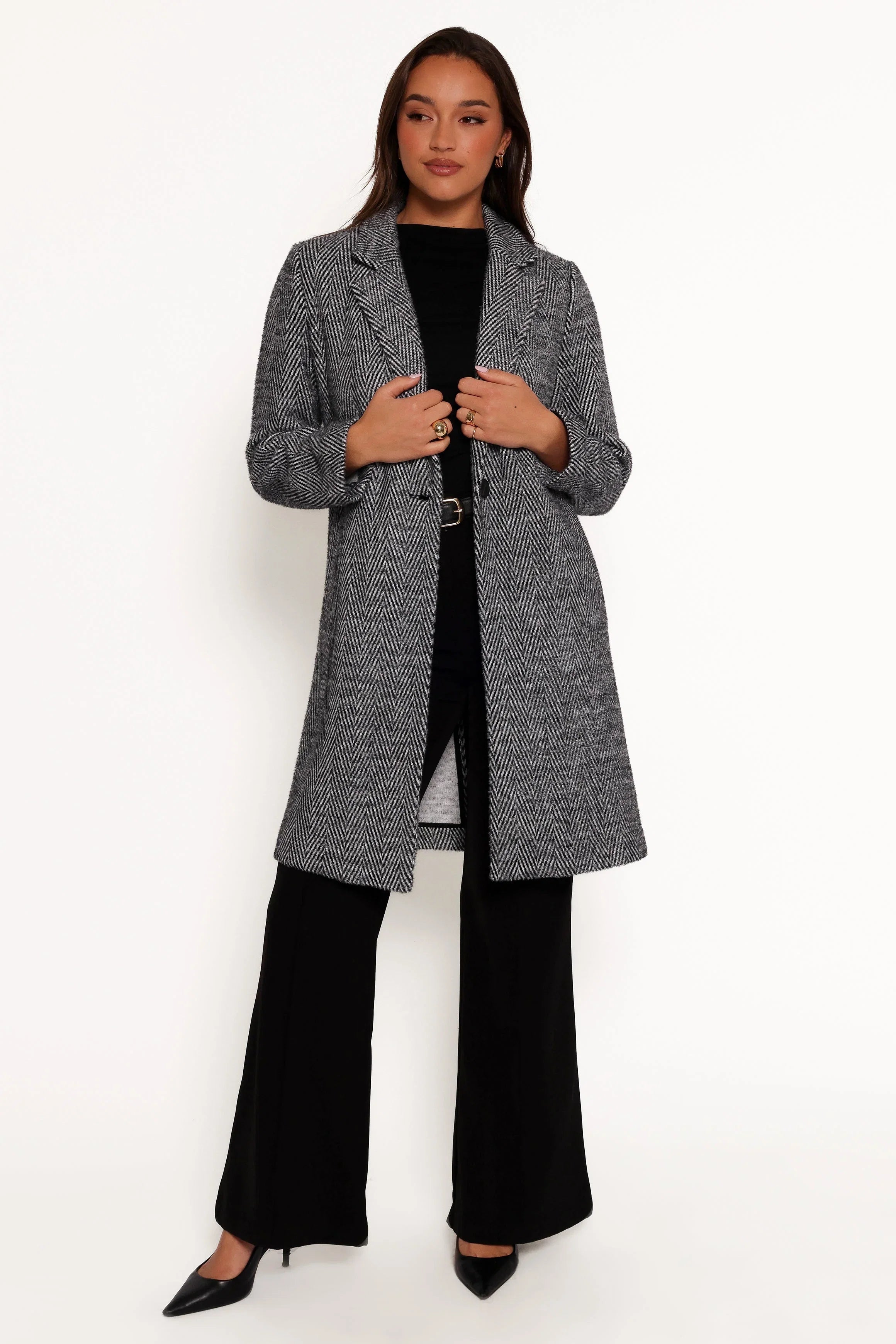 Nicoletta Single Button Herringbone Coat Black