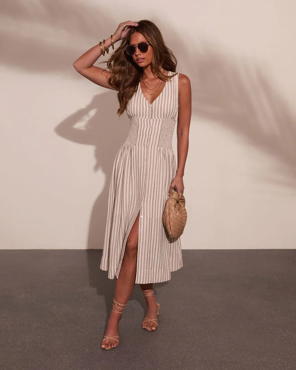 Alorah Striped Fit and Flare Midi Dress
