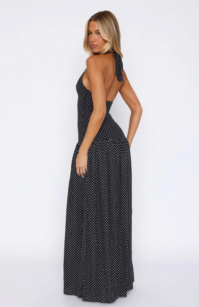 Sweet Temptation Halter Maxi Dress Black White Polka Dot