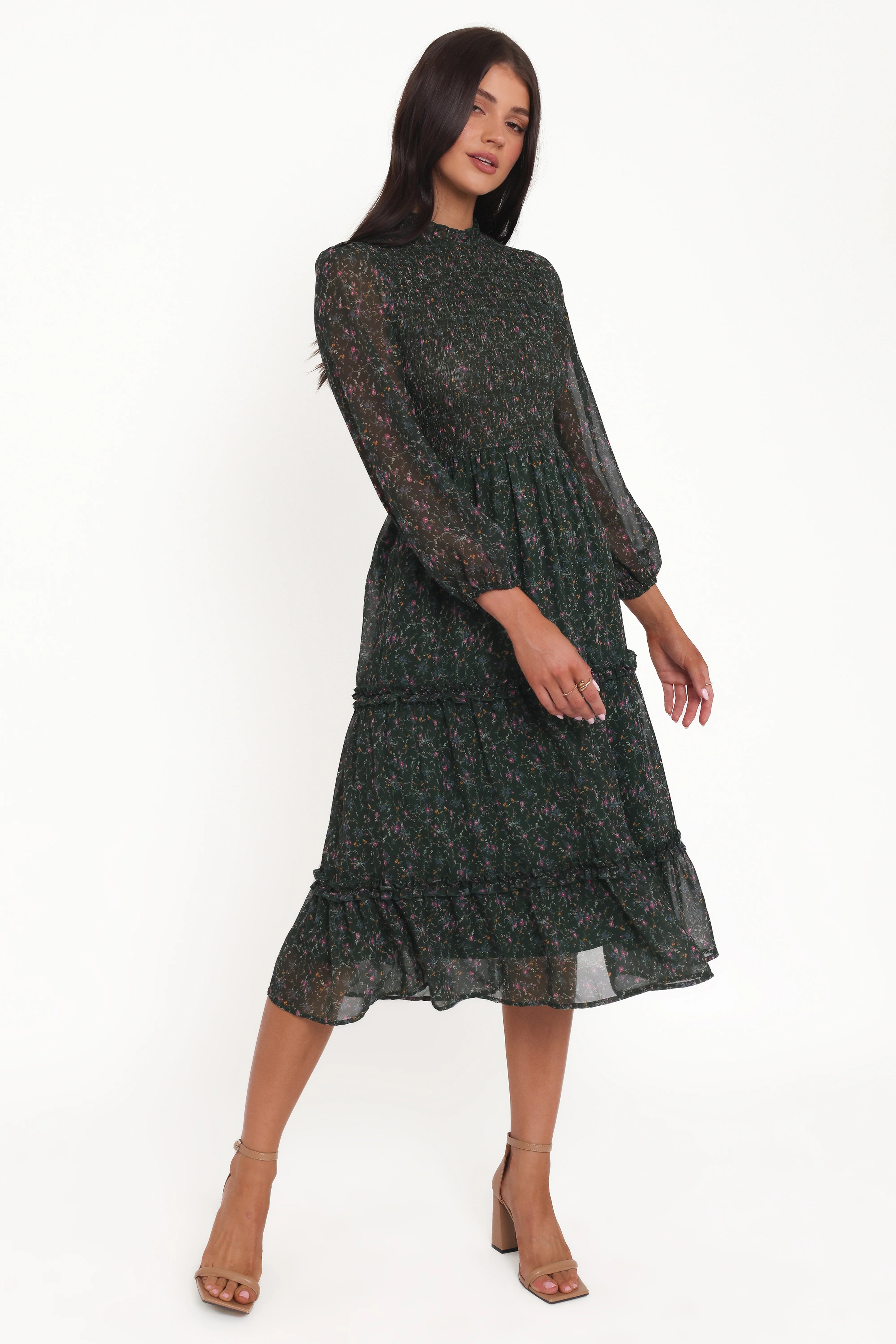 Edwina Shirred Frill Long Sleeve Midi Dress Olive Floral