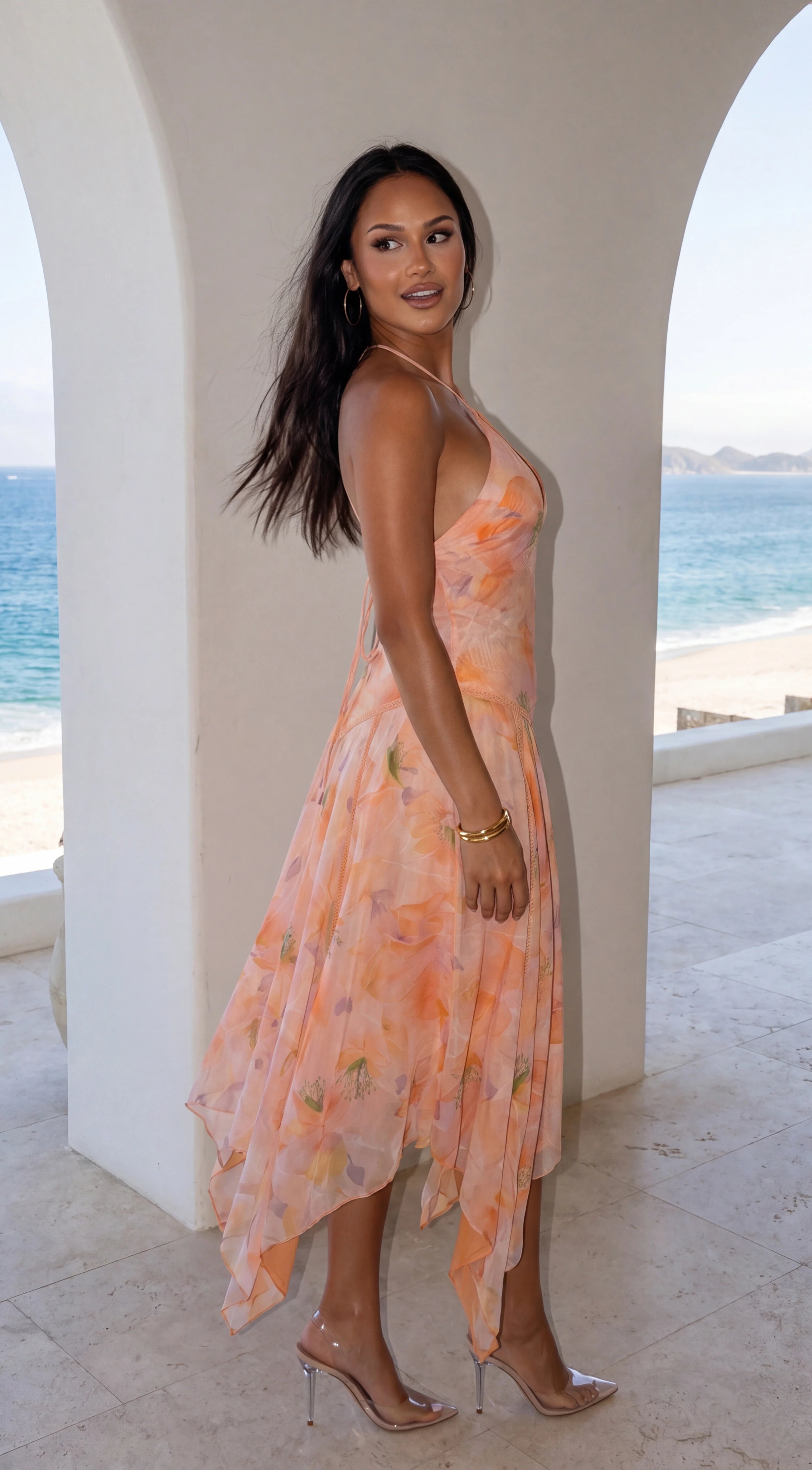 Esperalia Floral Halter Asymmetric Midi Dress Orange Multi