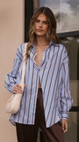 Arli Button Up Shirt Blue Brown Stripe