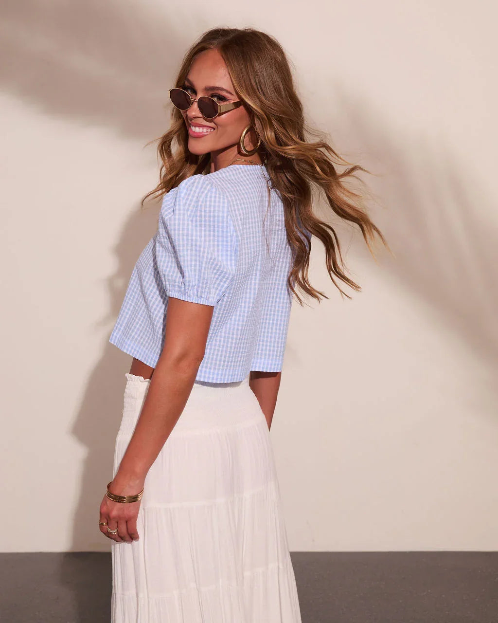 Pheby Gingham Front Tie Puff Sleeve Top