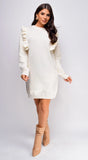 Juno Long Sleeve Ruffle Detail Sweater Mini Dress Ivory