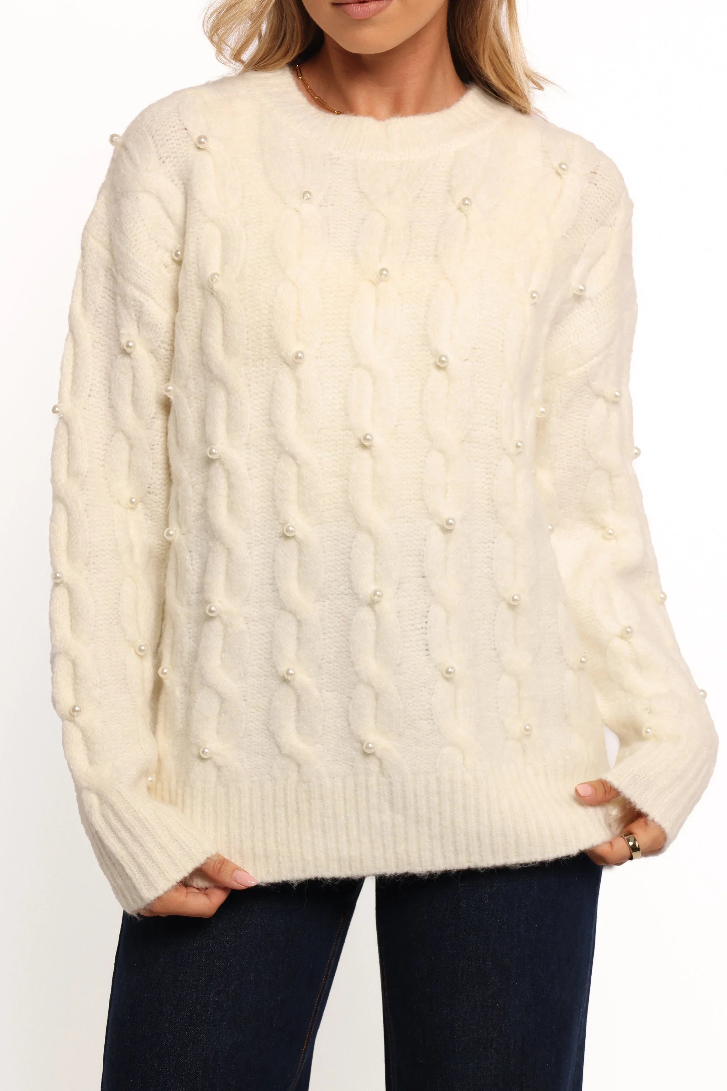 Kalai Cable Knit Pearl Detail Knit Sweater Cream