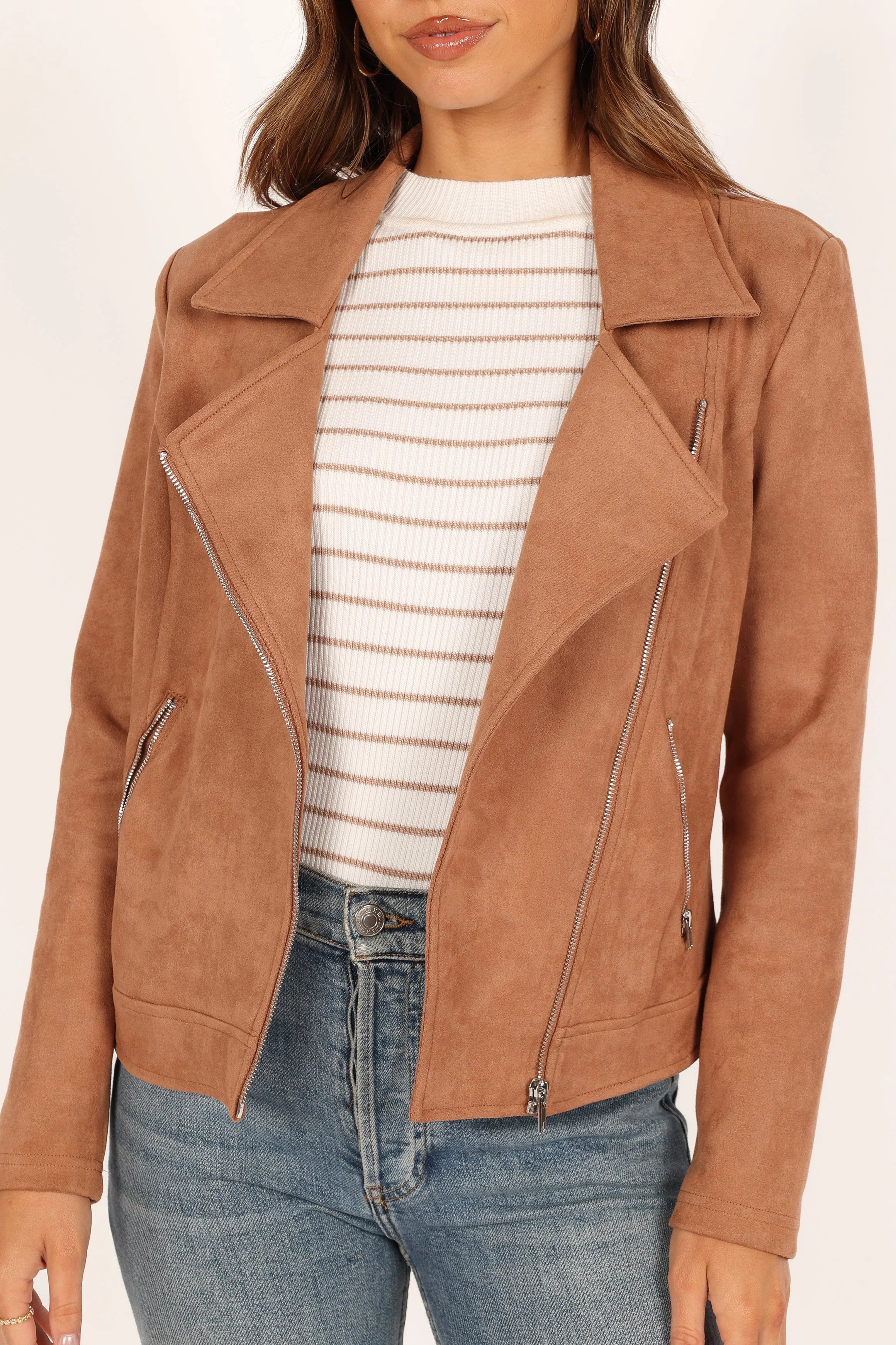 Spencer Faux Suede Moto Jacket Tan