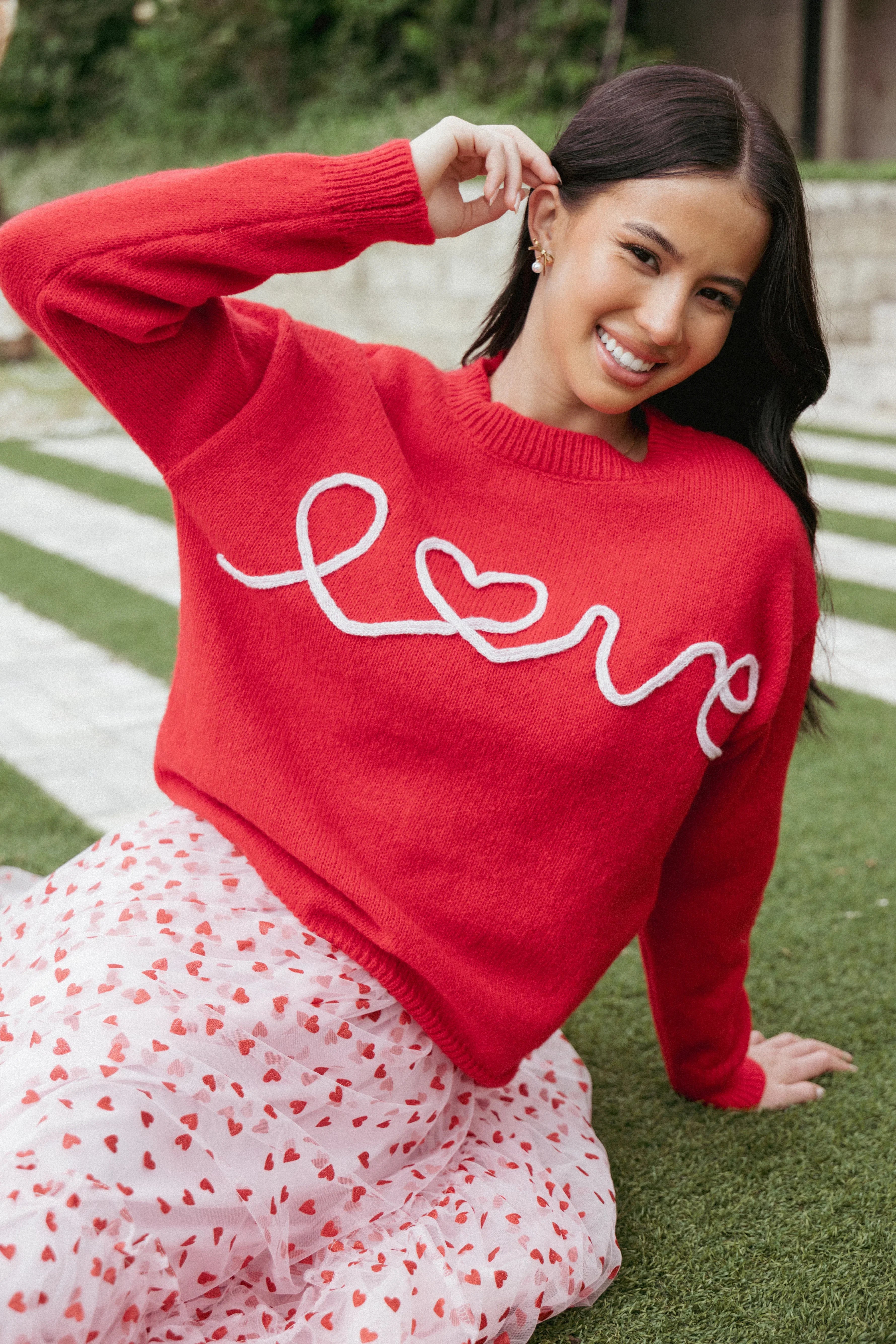 Love Embroidered Knit Sweater Red