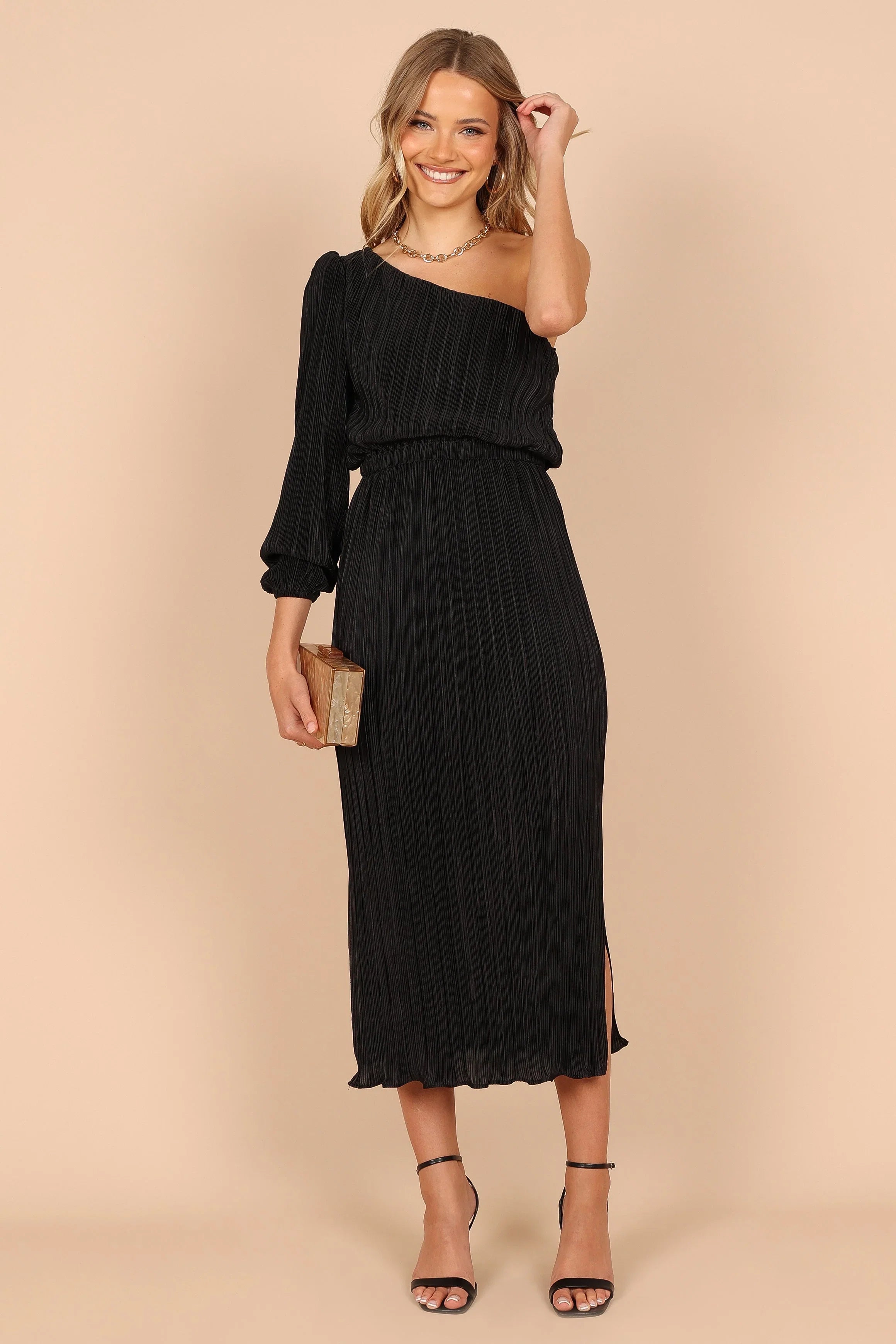 Pontee One Shoulder Pleated Midi Dress Black