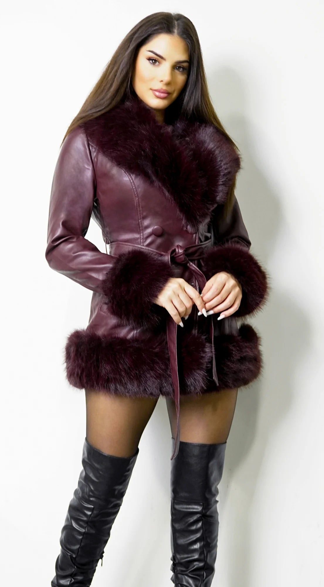 Metropolitan PU Faux Fur Coat Burgundy