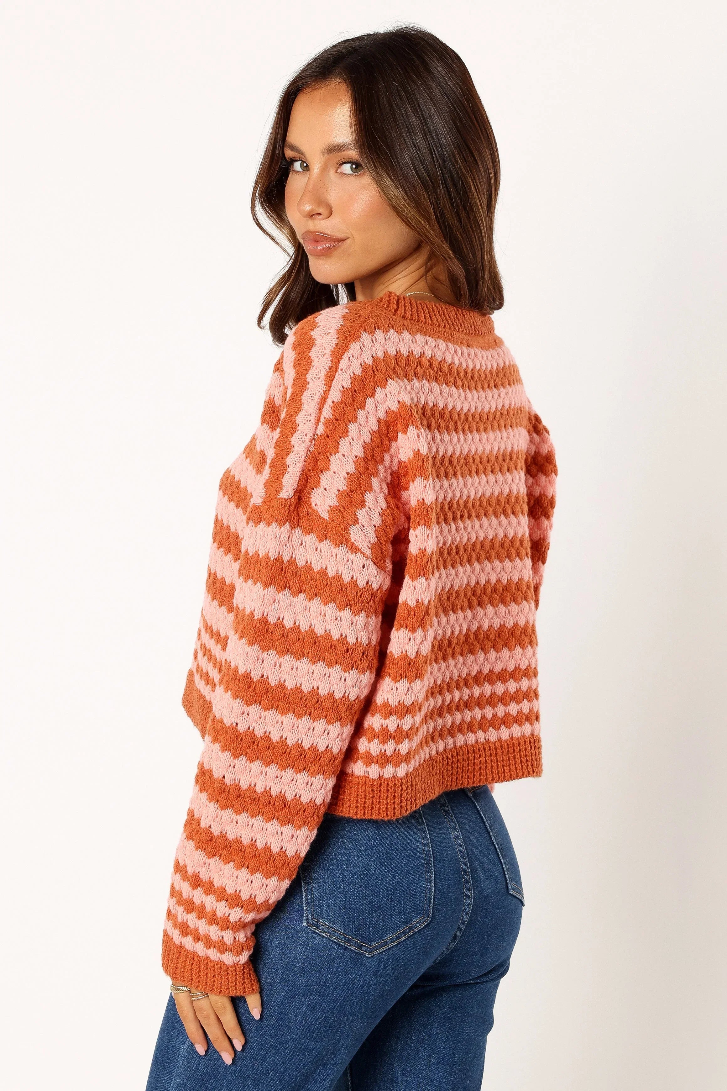 Yasmin Striped Crewneck Knit Sweater Orange Pink