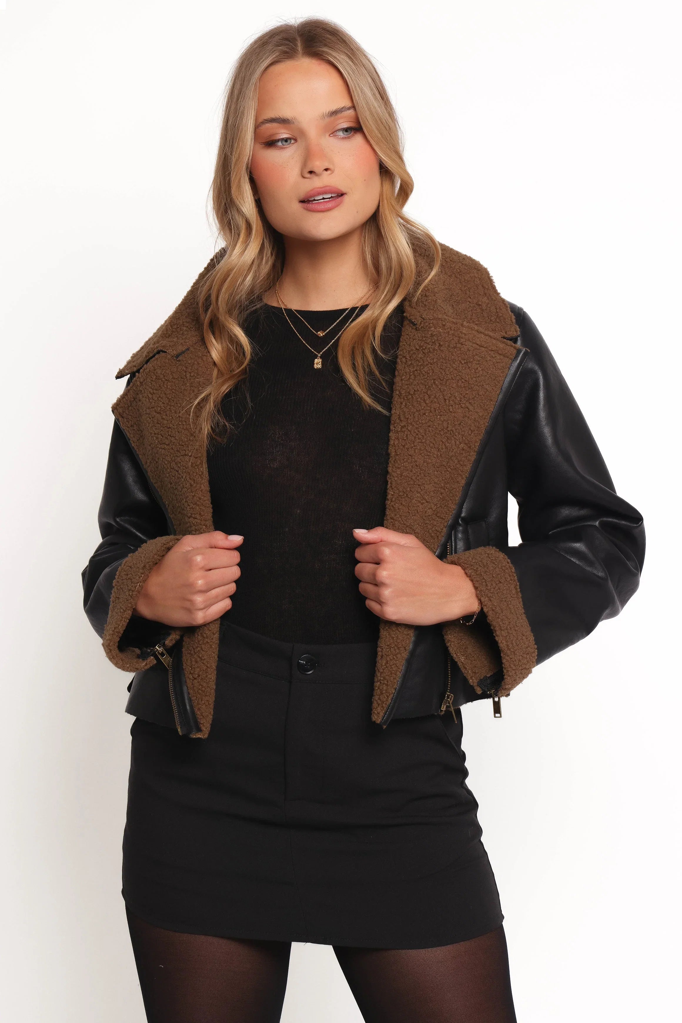 Folk Faux Leather Jacket Black Brown