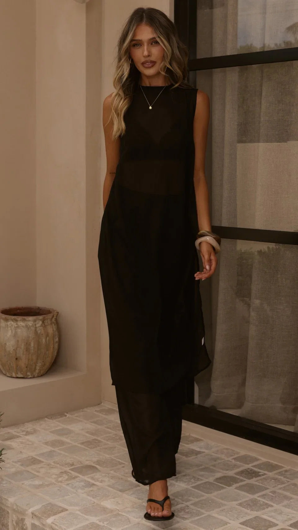 Zaire Long Line Sheer Top and Pants Set Black