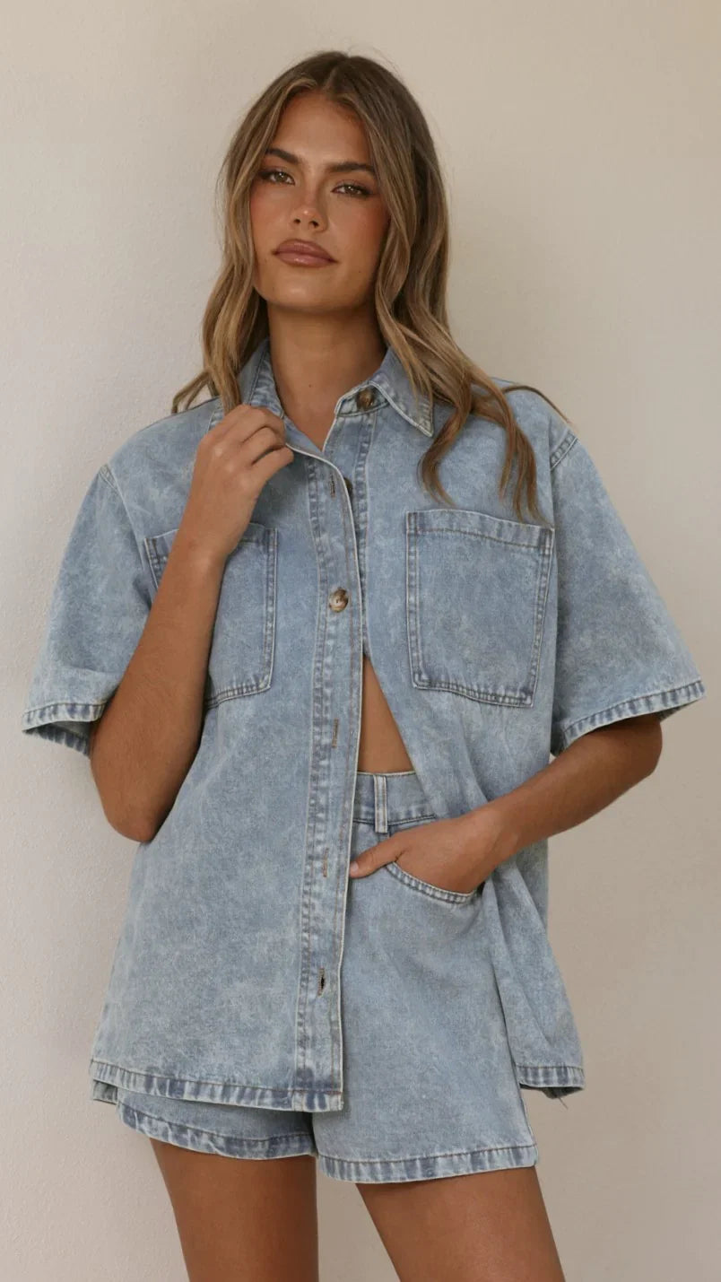 Olivia Shirt and Shorts Set Light Denim