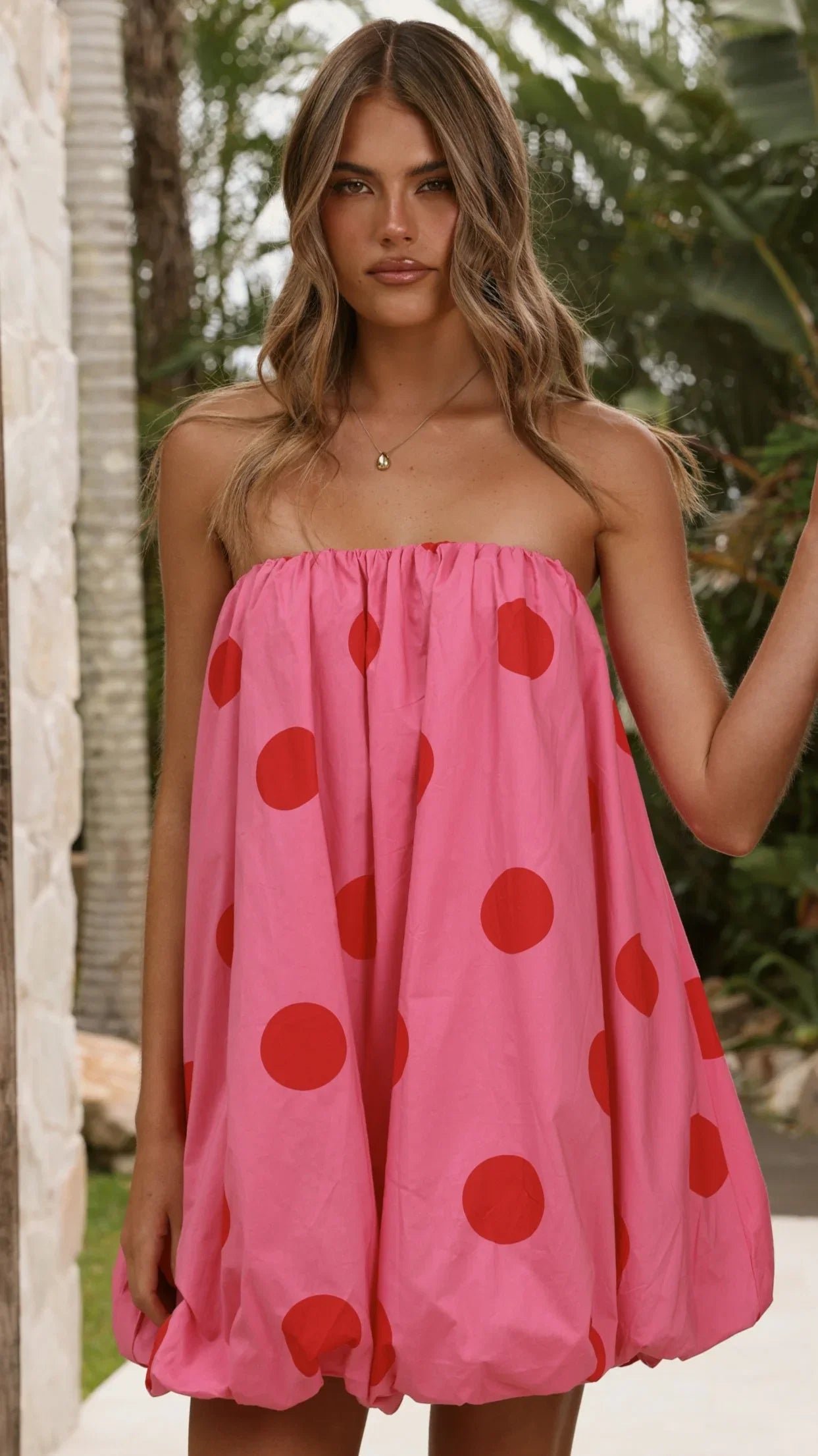 Everly Strapless Mini Dress Pink Red Polka
