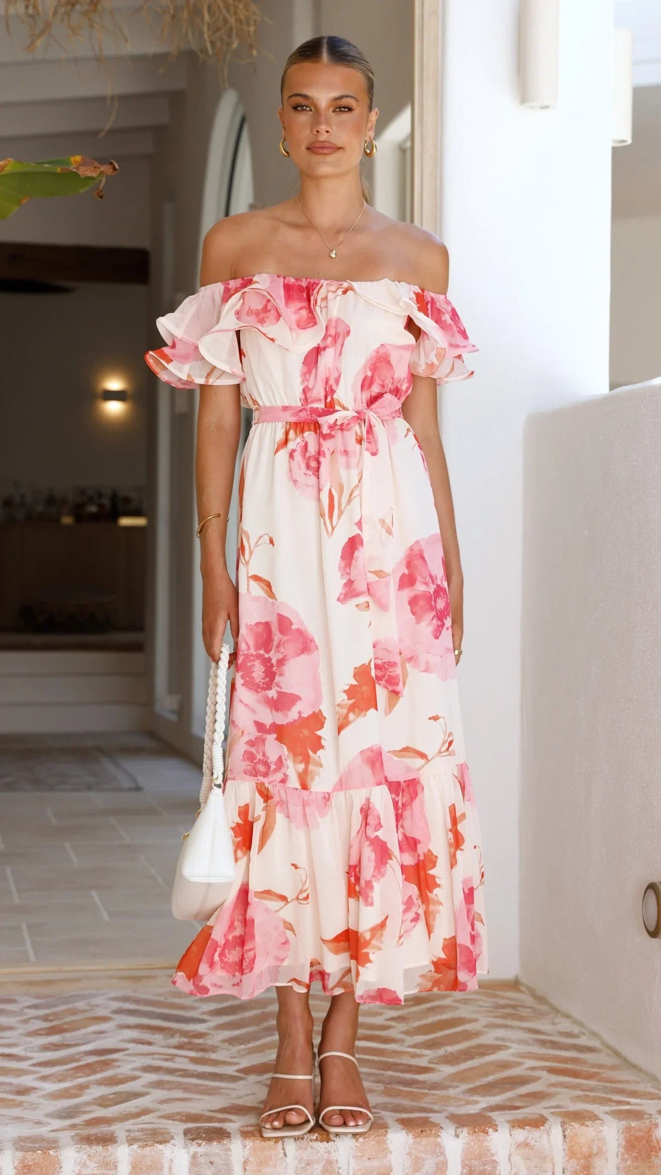 Chase Off Shoulder Maxi Dress Pink Floral