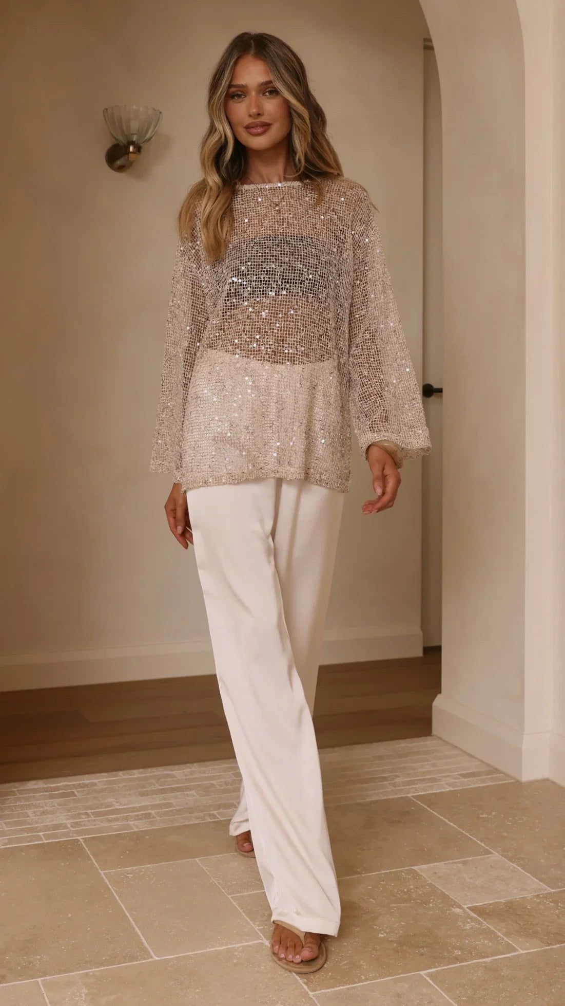 Zahni Sequins Long Sleeve Top Beige