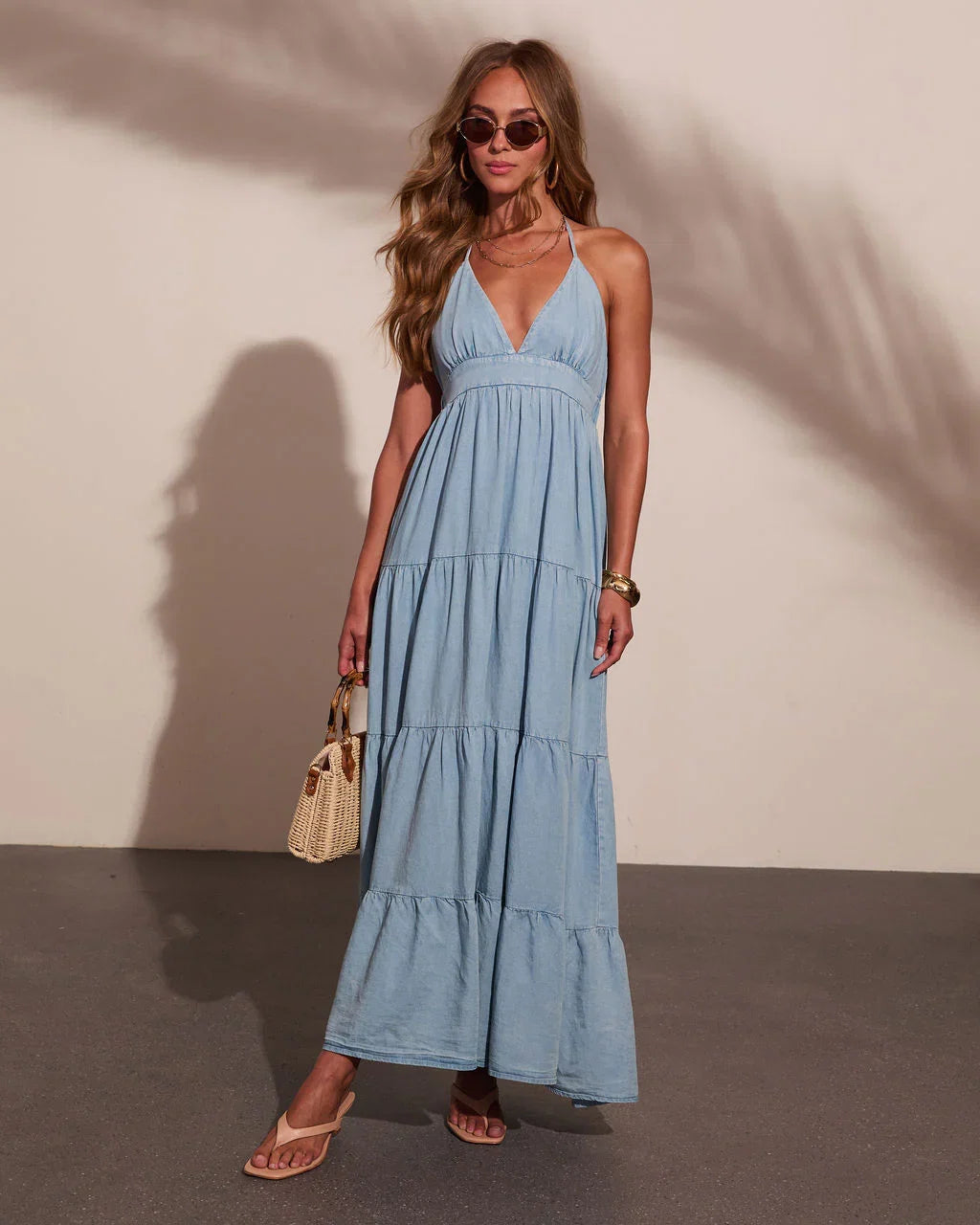 Maesy Tiered Halter Neck Chambray Maxi Dress