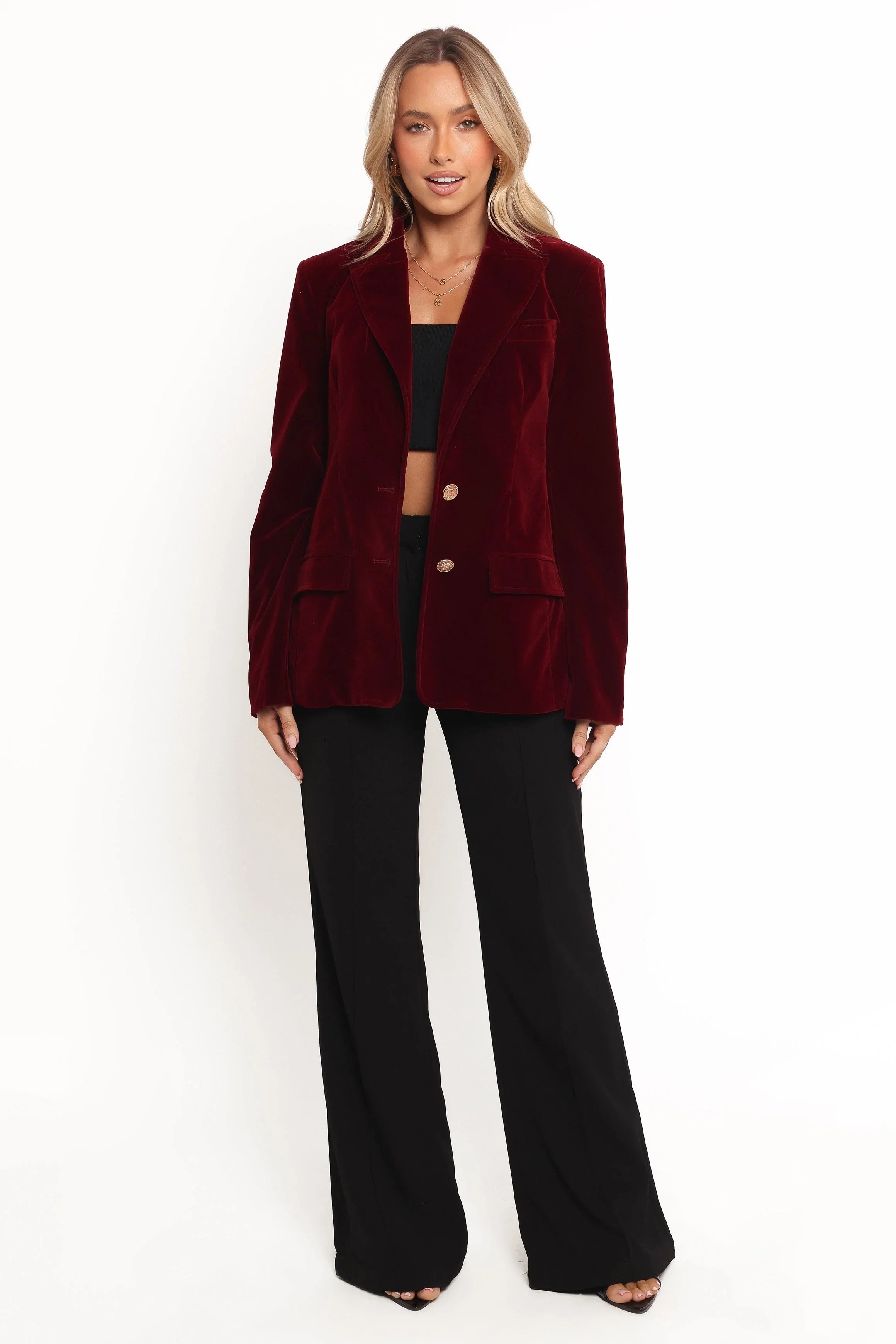 Zpya Single Button Velvet Blazer Berry
