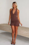 Shes The Trend Halter Mini Dress Chocolate