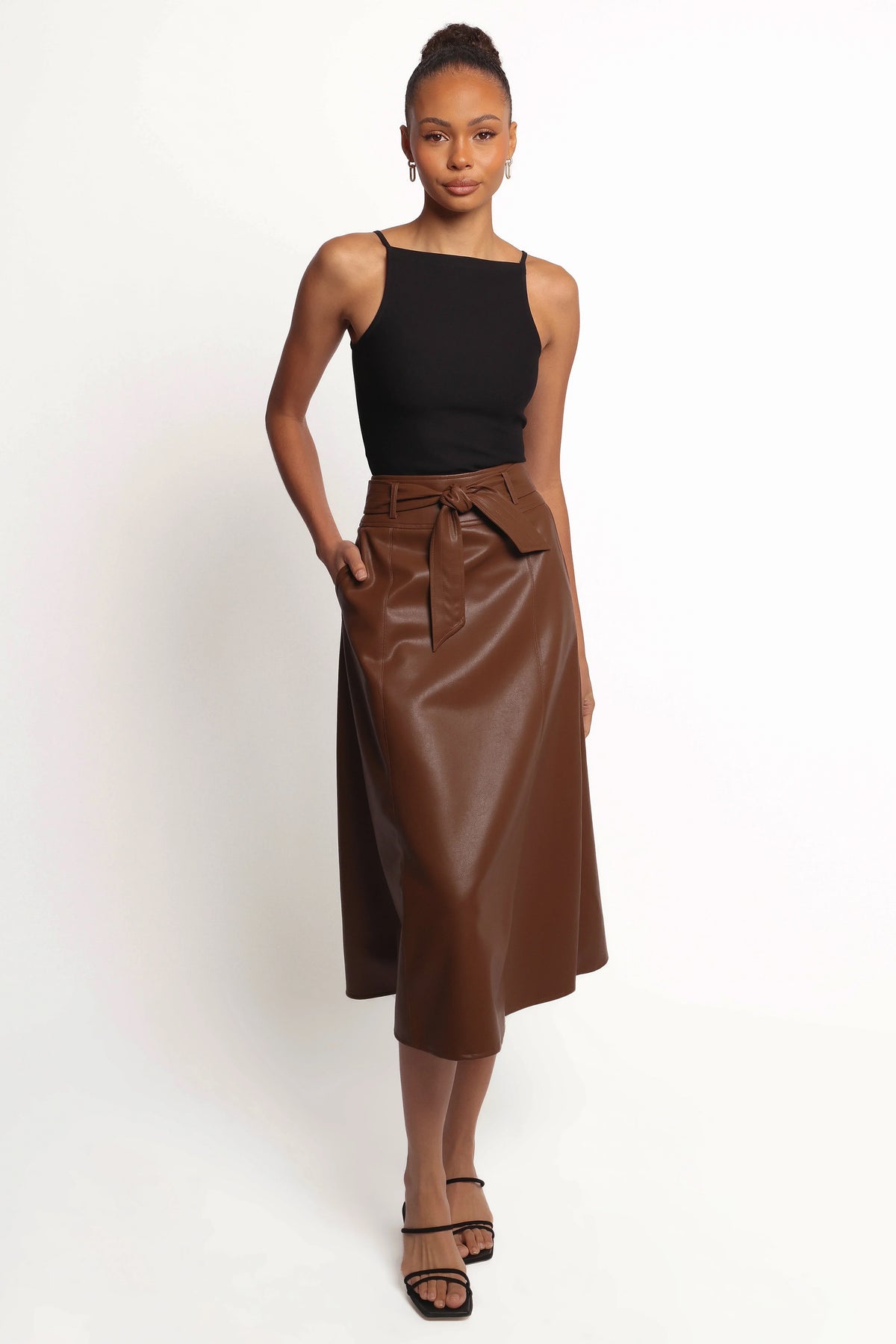Adaline Faux Leather Midi Skirt Brown