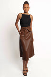 Adaline Faux Leather Midi Skirt Brown