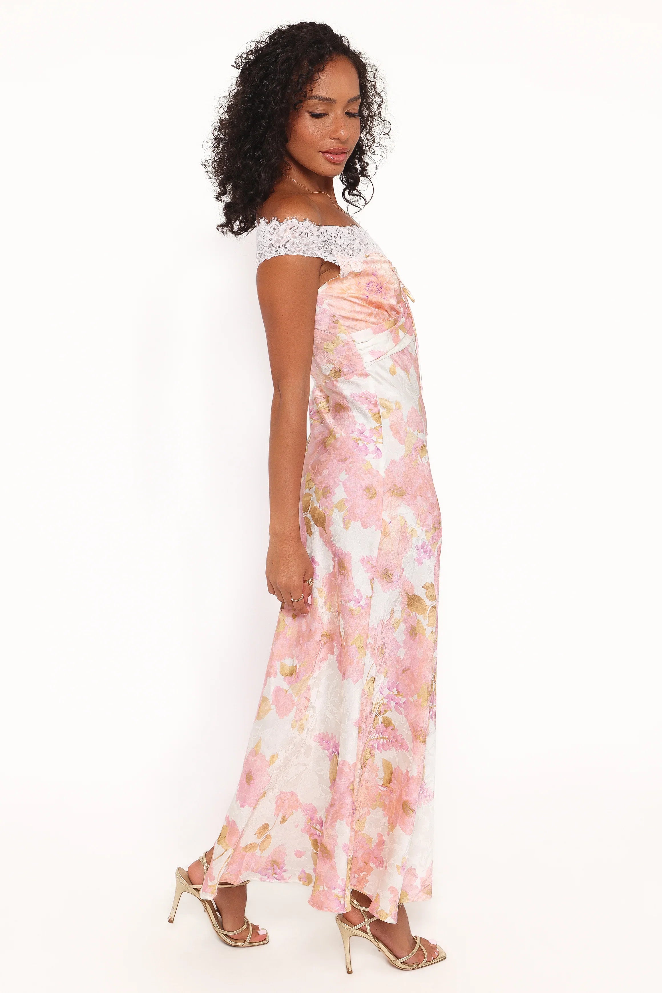Voss Off Shoulder Lace Maxi Dress Pink Floral