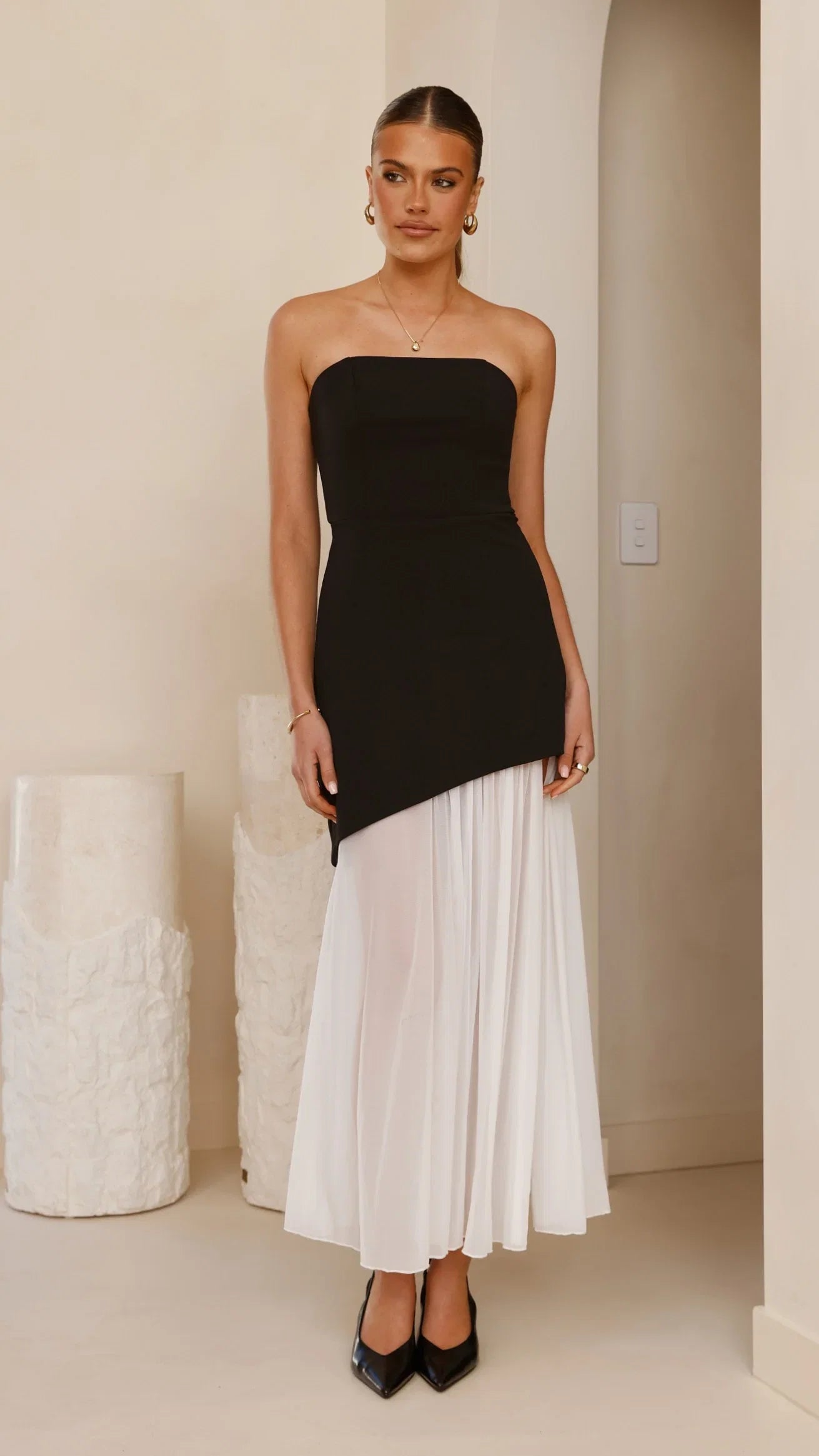 Fenella Asymmetrical Maxi Dress Black White