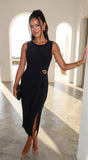 Aureva Pleated Gold Accent Midi Dress Black