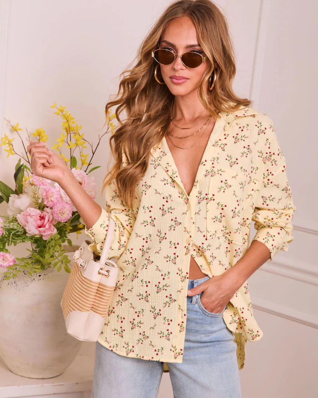 Rosy Dawn Floral Cotton Button Down Top