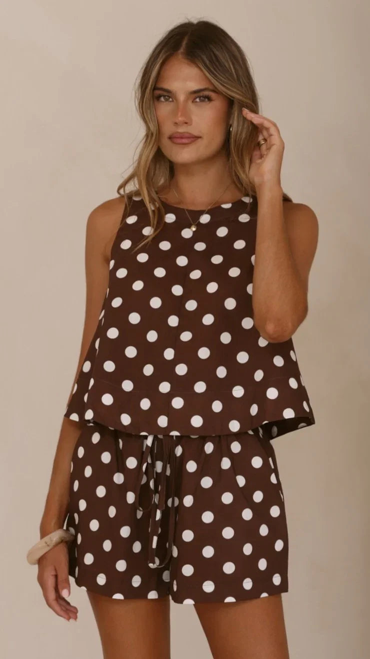 Charmain Top Chocolate White Polka Dot