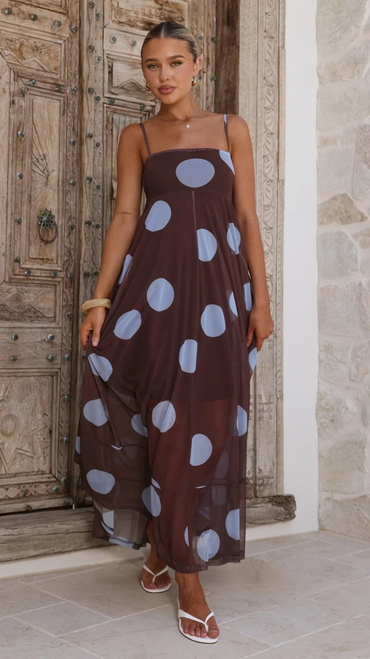 Melinda Mesh Maxi Dress Brown Blue Polka Dot