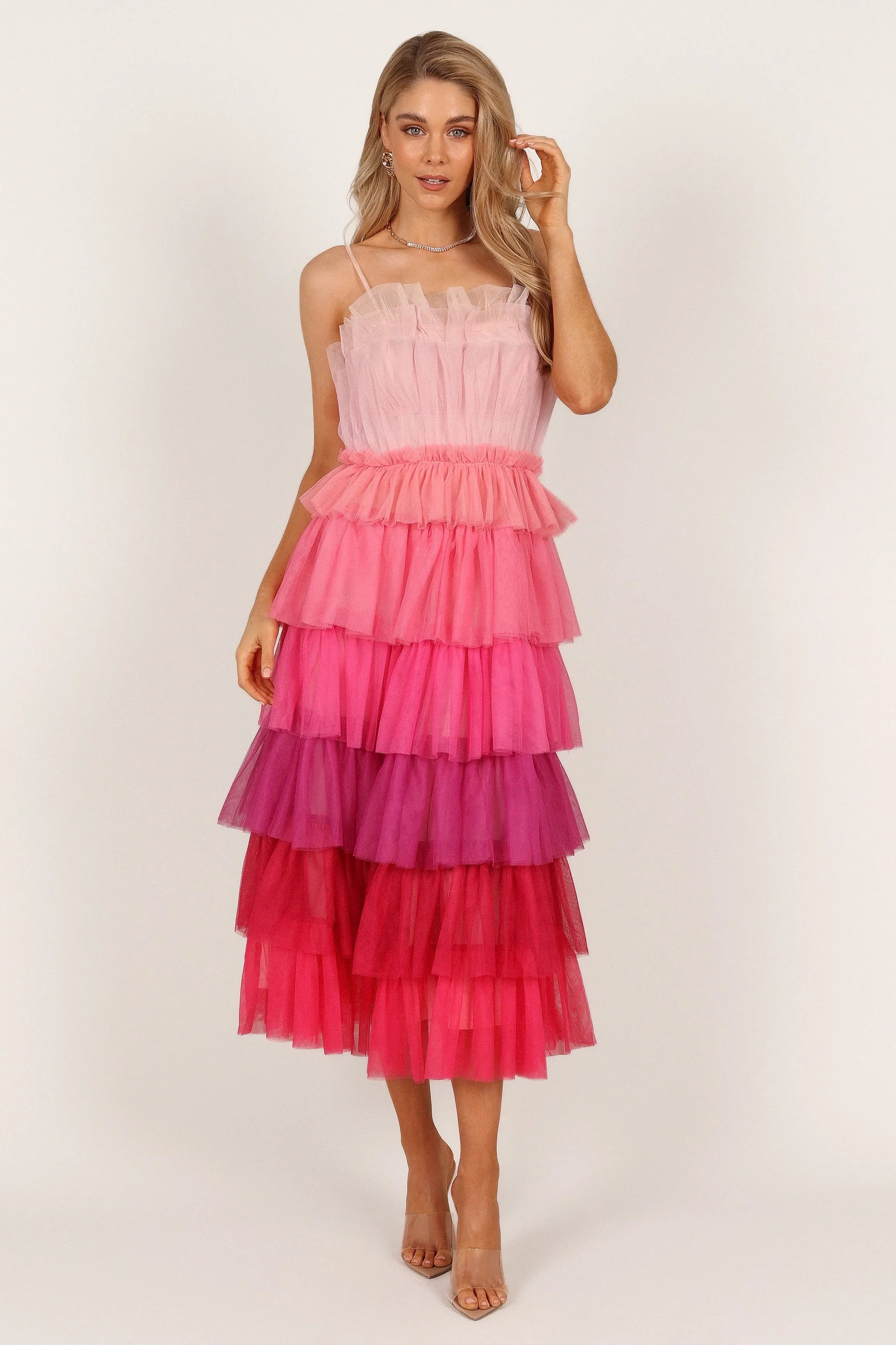Minnie Tiered Tulle Midi Dress Pink