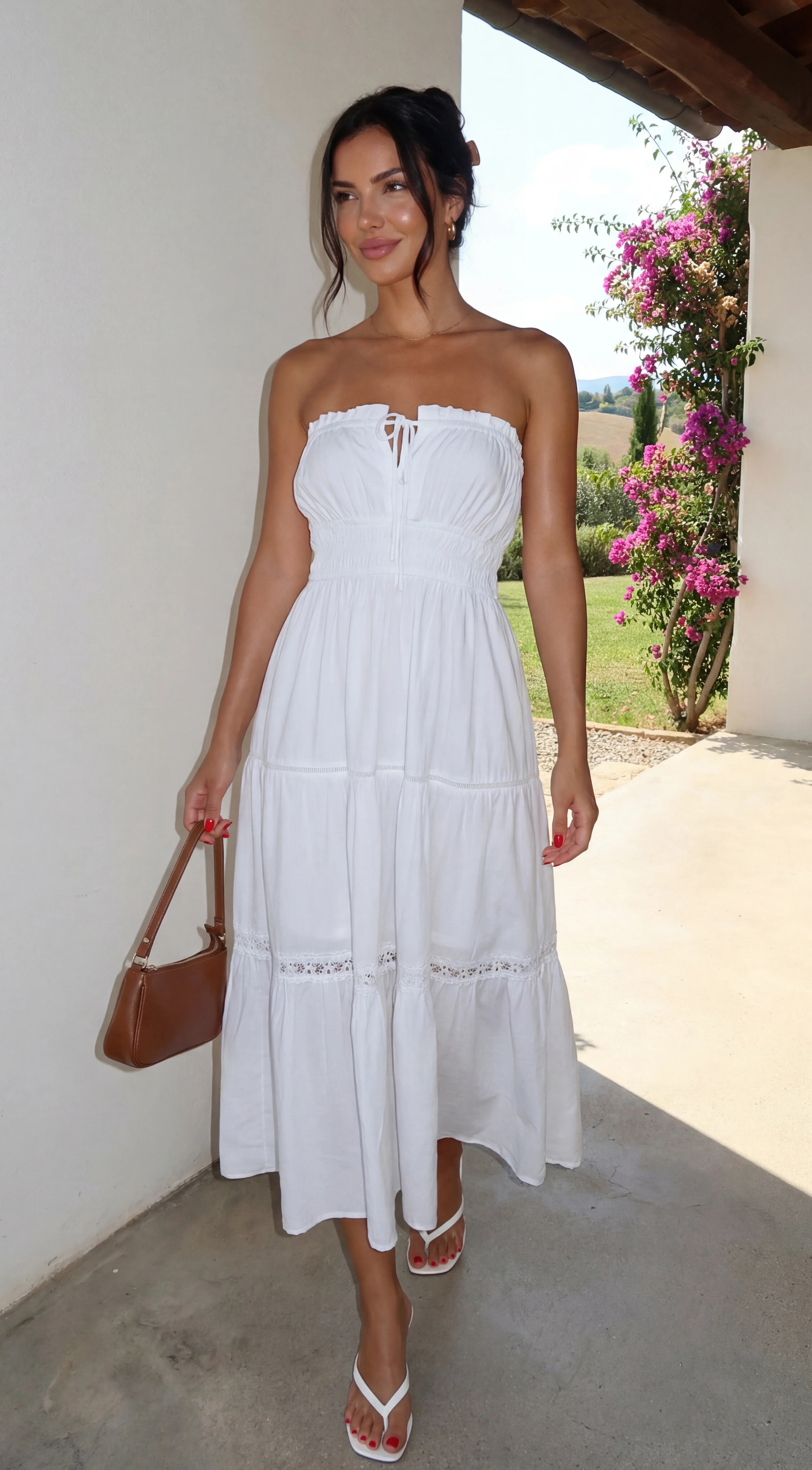Sunbeam Tiered Lace Strapless Maxi Dress White