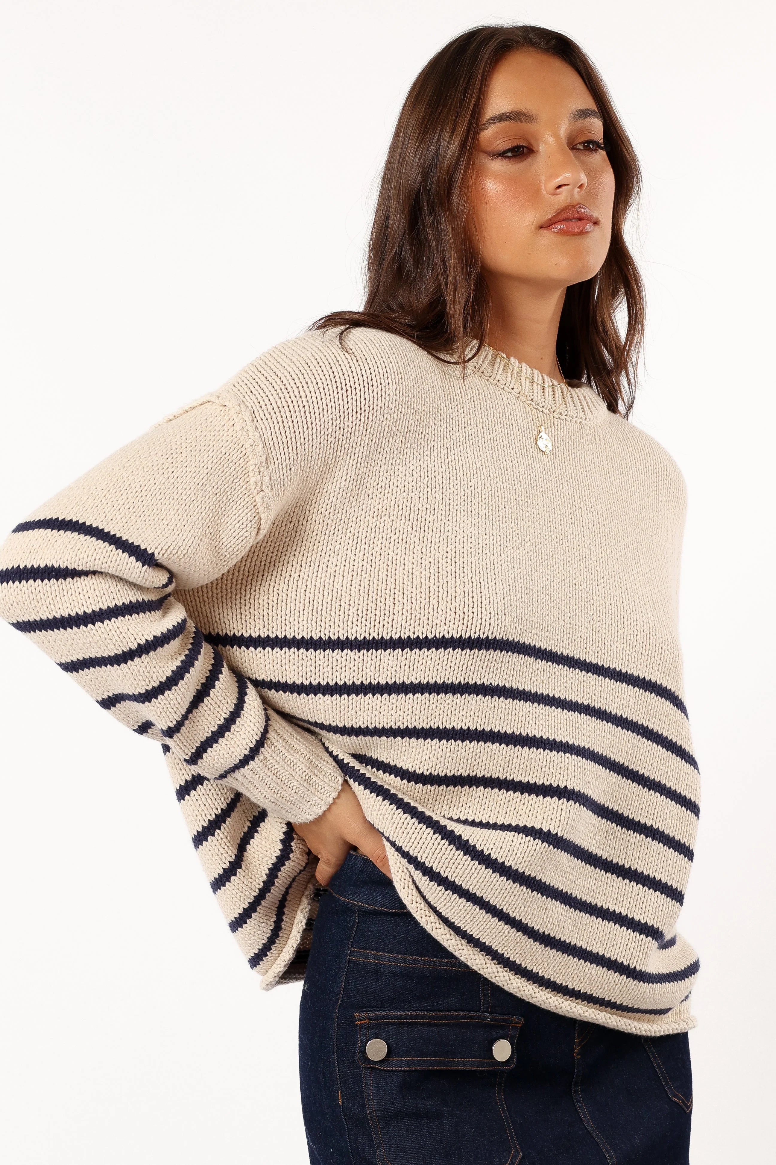 Tenzie Stripe Knit Sweater Natural Navy