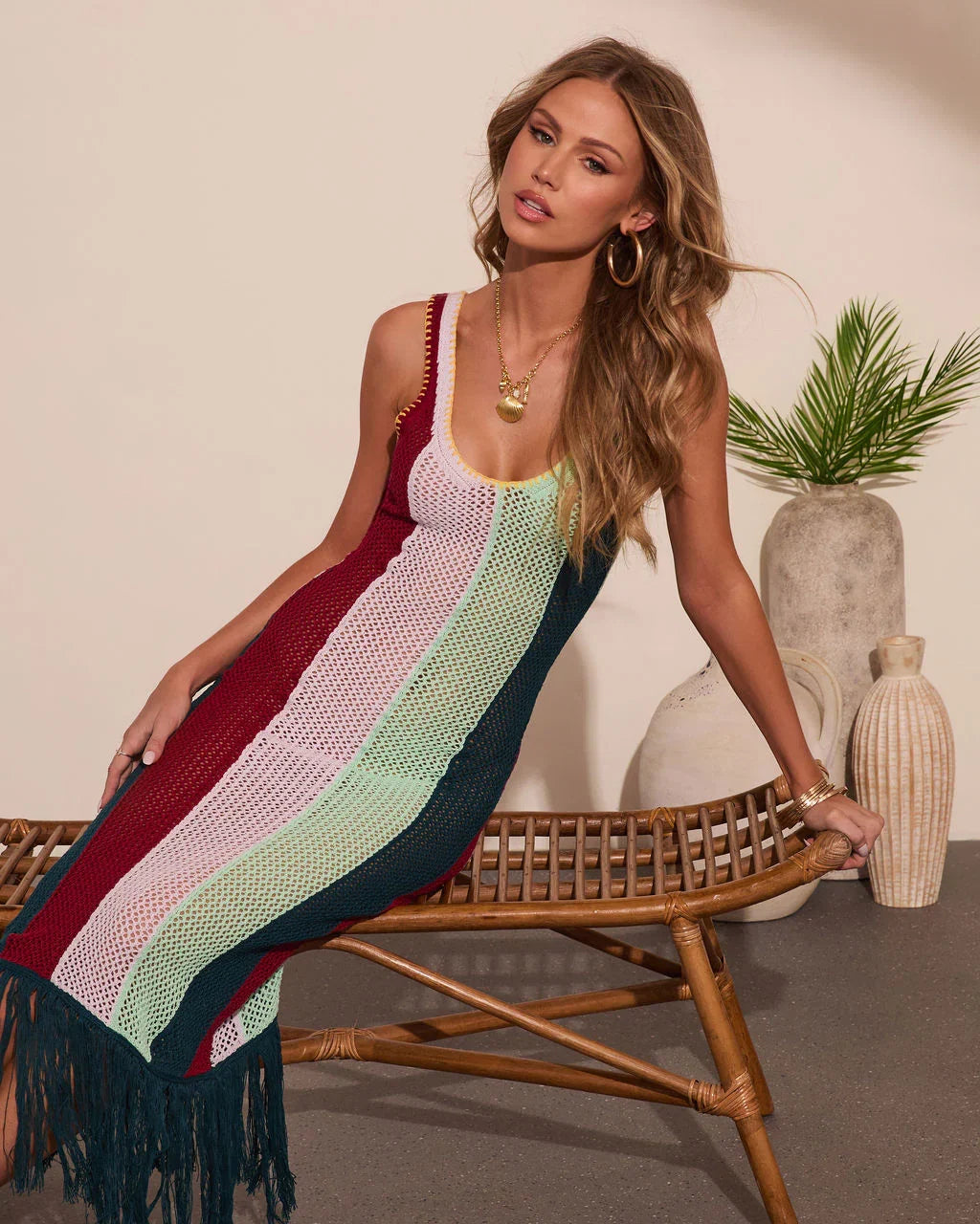 Marrion Striped Open Knit Fringe Cover Up Maxi Dress