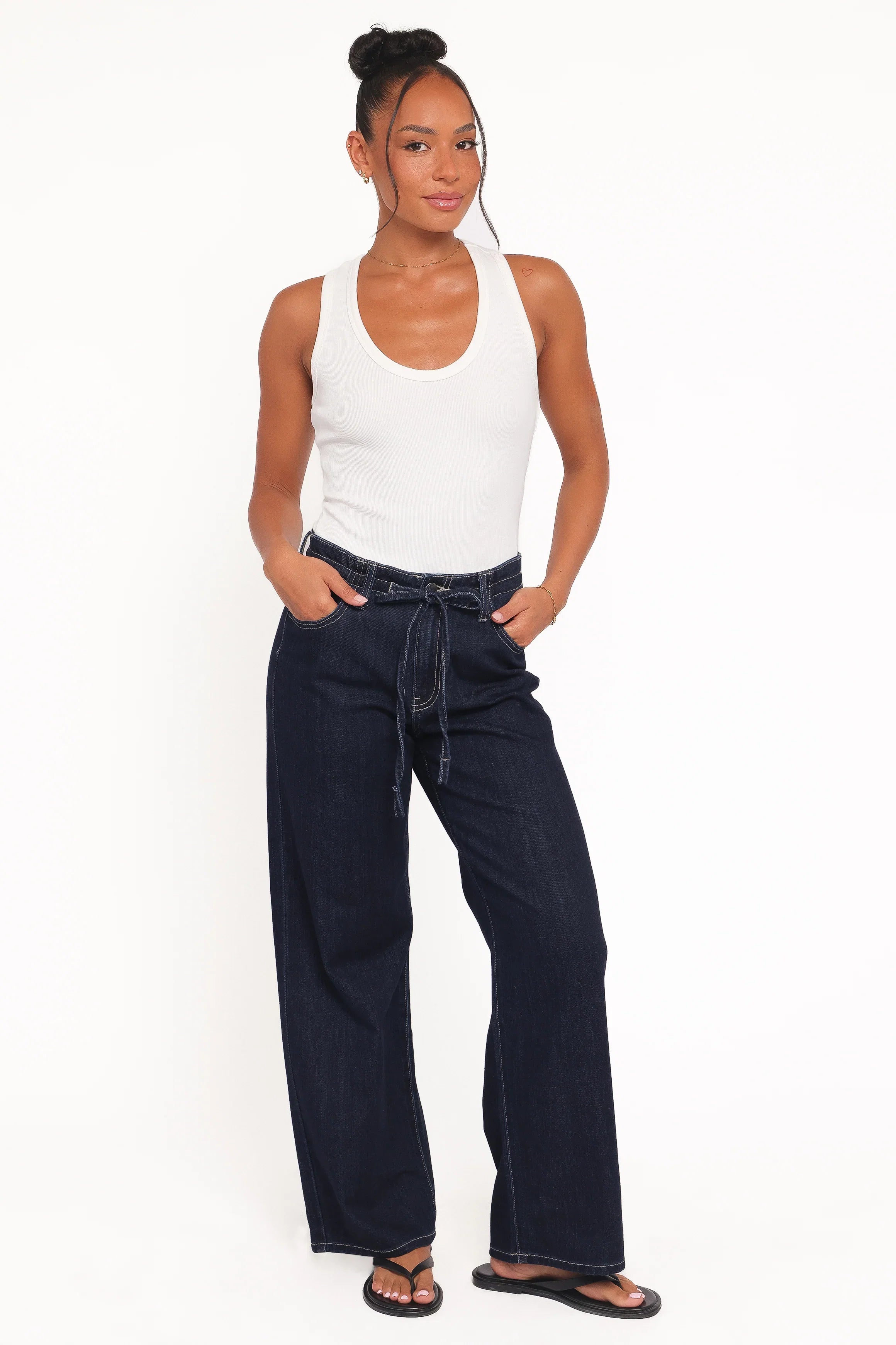 Clover Drawstring Wide Leg Jeans Dark Wash