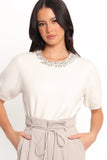 Orlana Embellished Neck Short Sleeve Sweater Cream