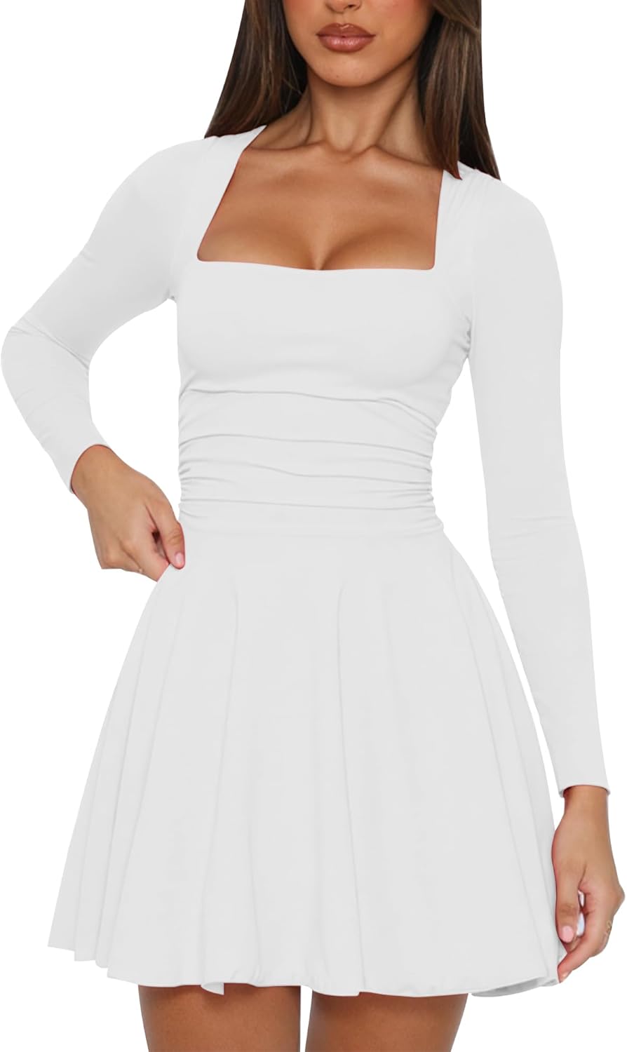 Square Neck Long Sleeve Mini Dress Ruffle Hem Corset Short Party Club Dresses